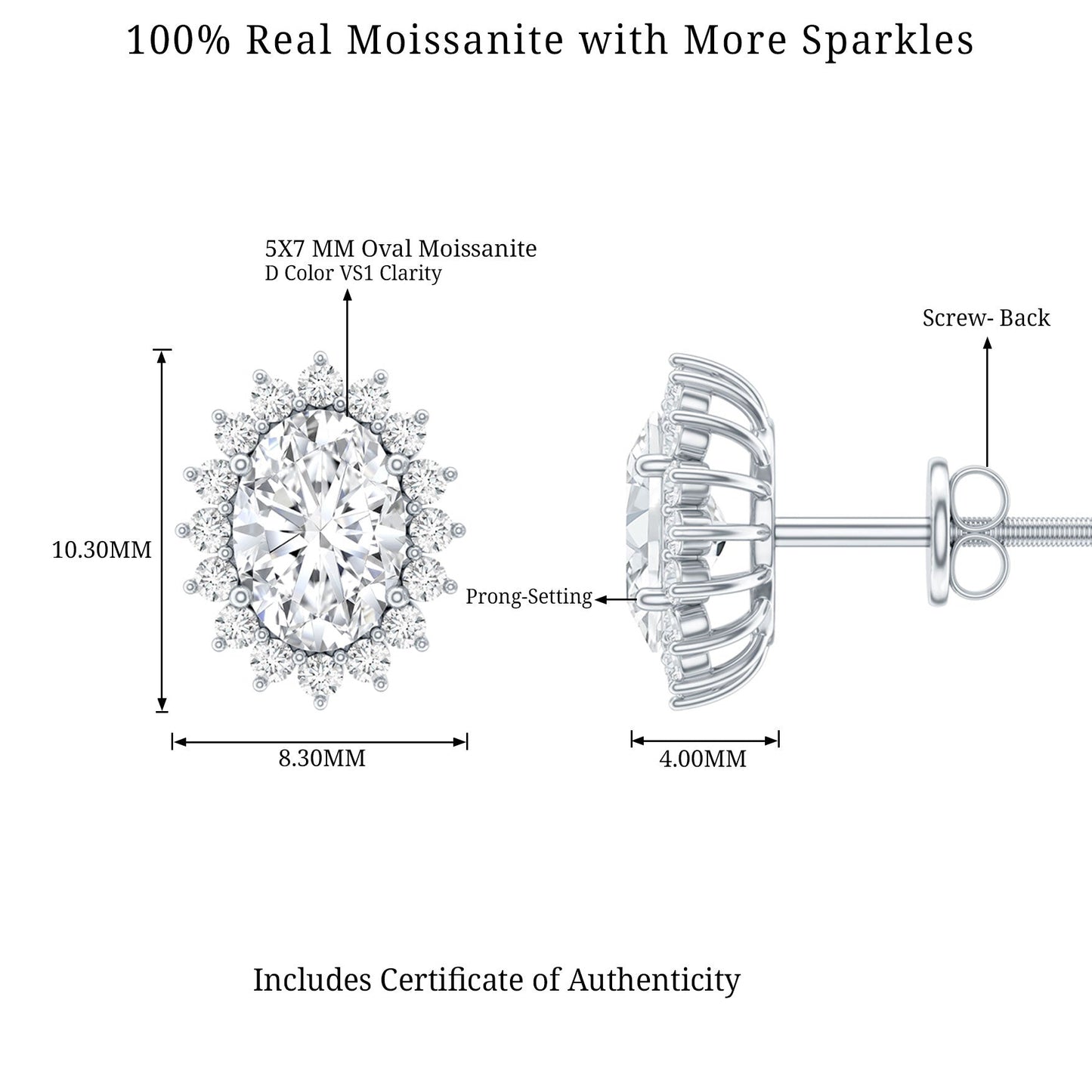 2 Carat Oval Moissanite Halo Stud Earrings In Sterling Silver