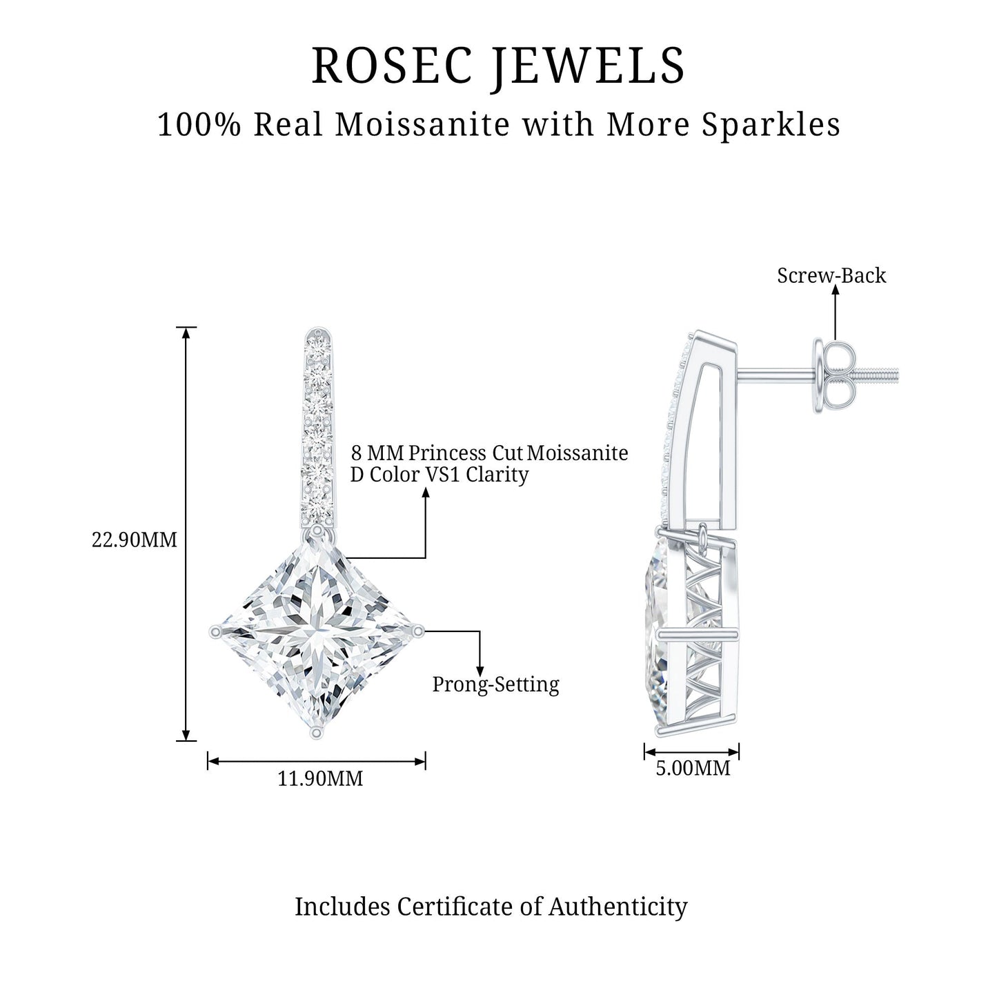 Certified 6 Carat Princess Cut Moissanite Drop Earrings in Silver