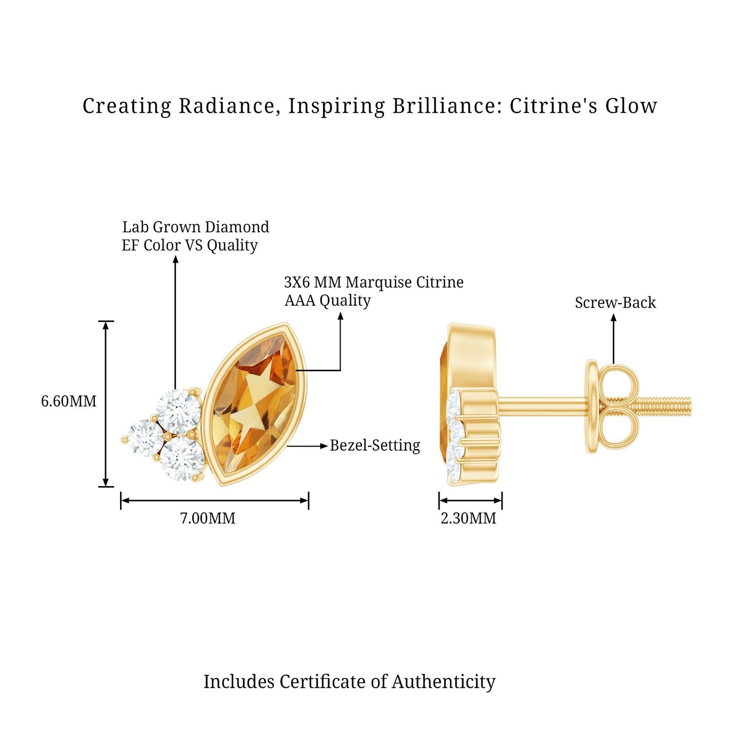 Bezel Set Citrine Marquise Stud Earrings with Diamonds