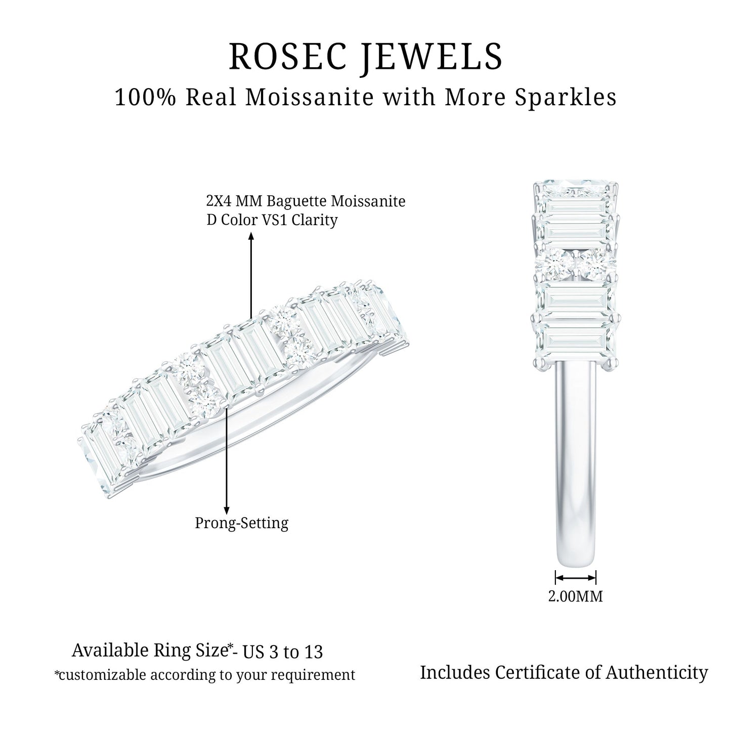 Baguette and Round Moissanite Half Eternity Band Ring