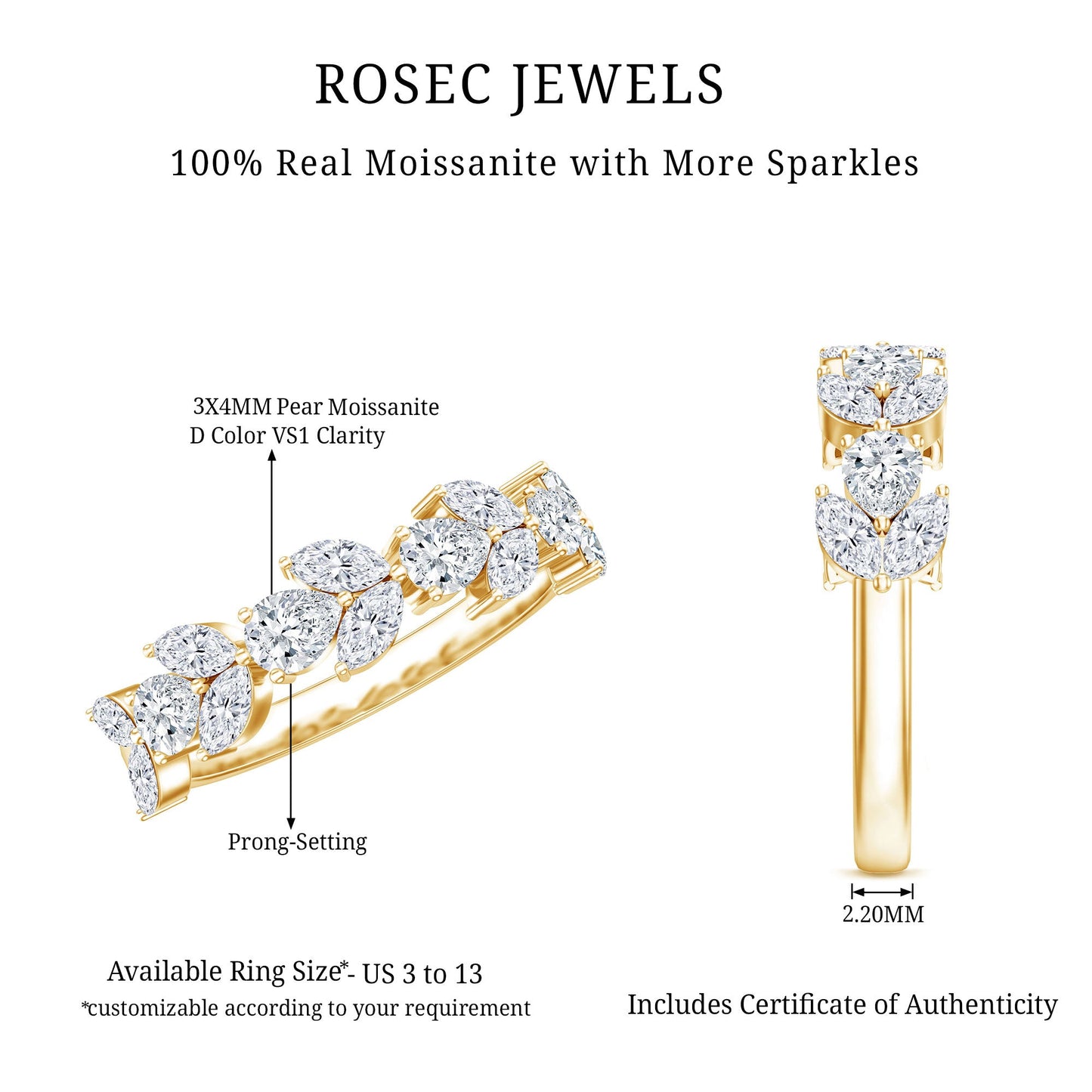Certified Moissanite Wedding Band in Yellow Gold Plated Silver