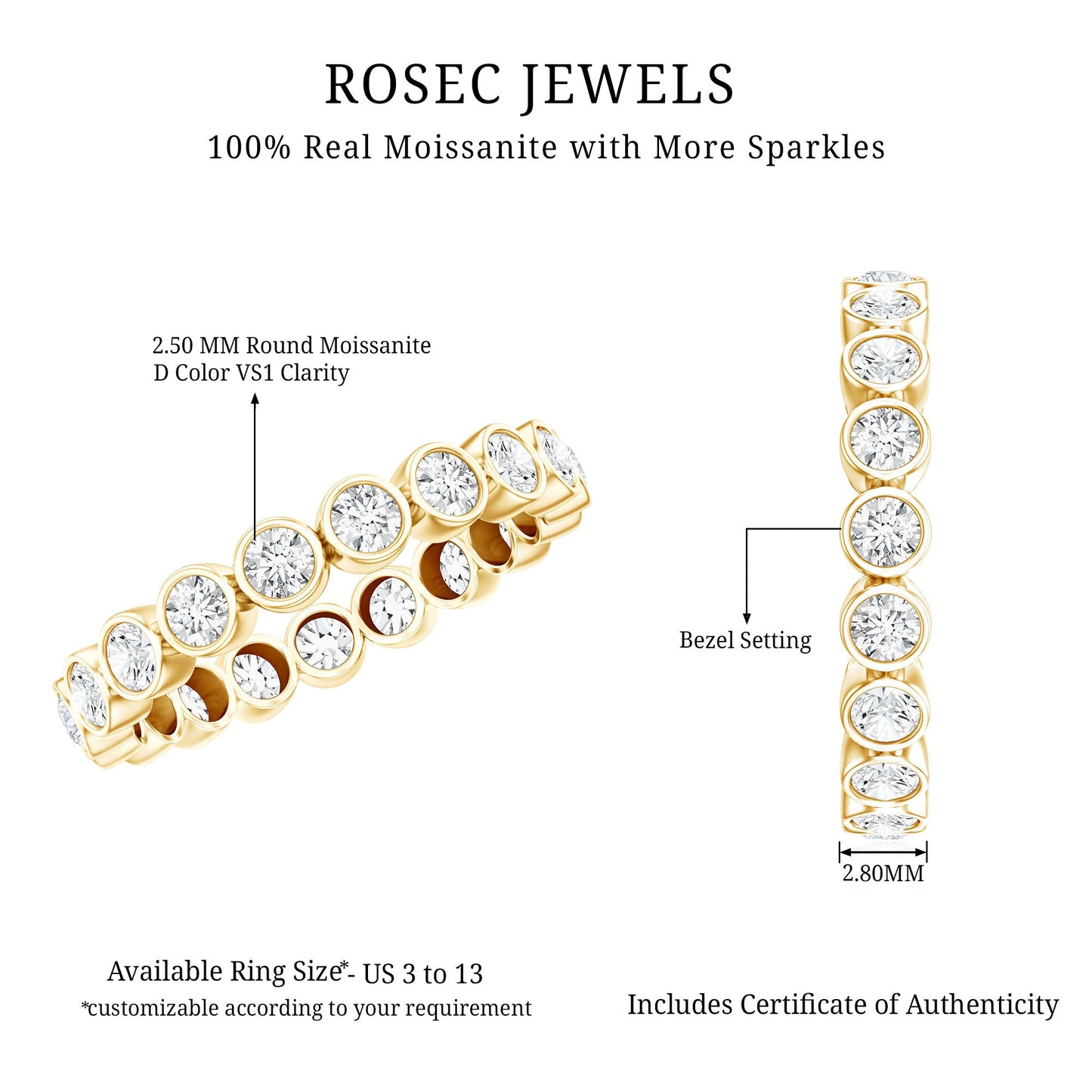 Bezel Set Moissanite Eternity Ring in Yellow Plated Silver