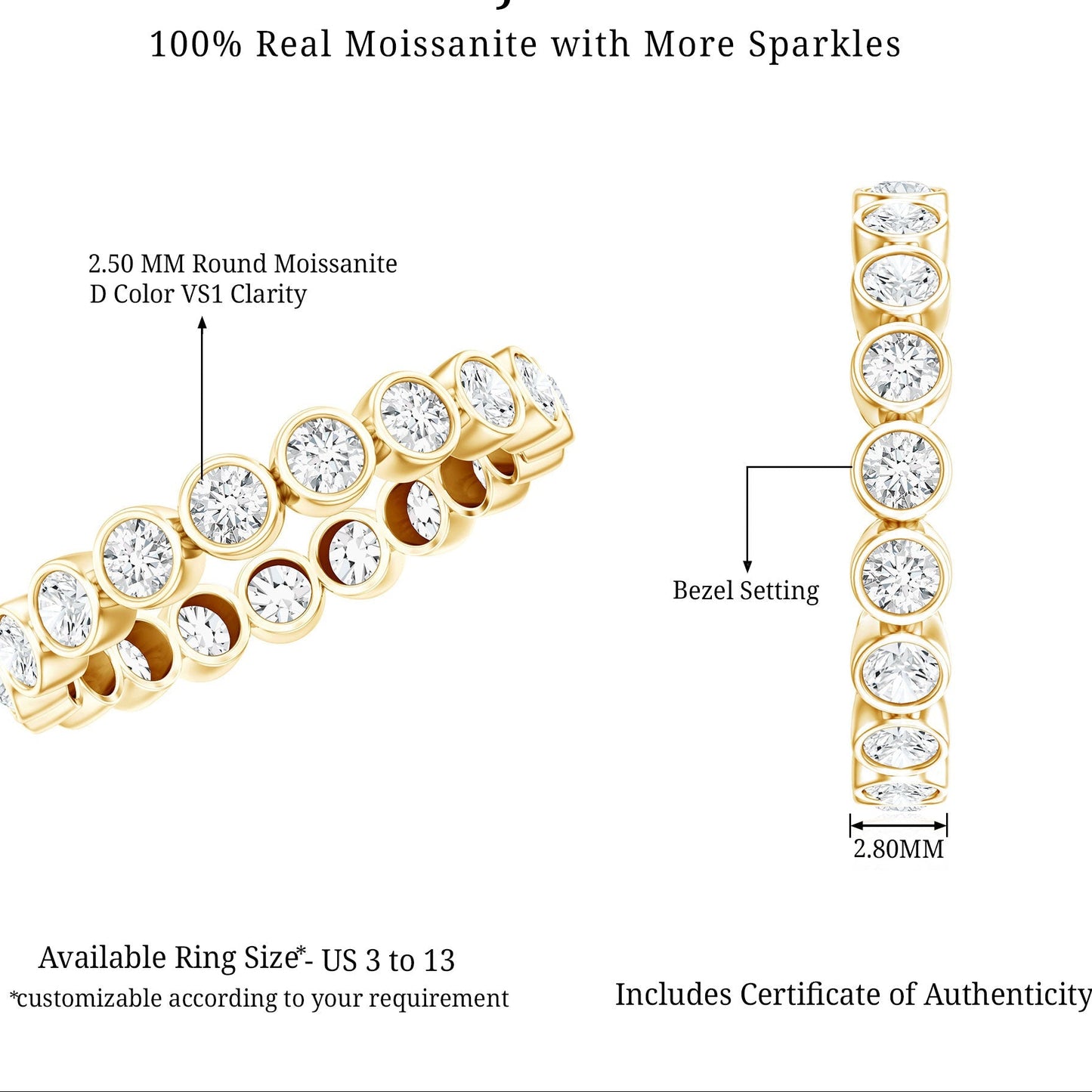 Bezel Set Moissanite Eternity Ring in Yellow Plated Silver