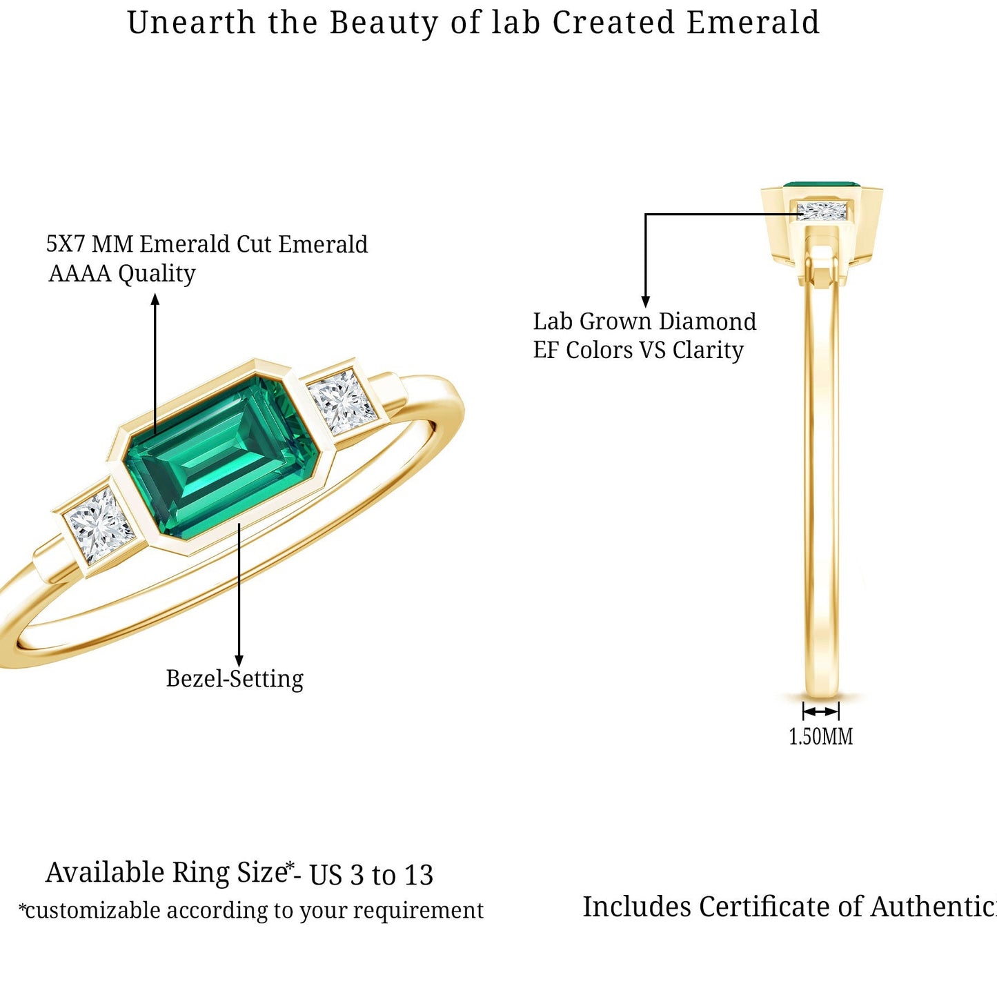 1 Carat Lab Grown Emerald 3 Stone Engagement Ring with Diamond in East West Style
