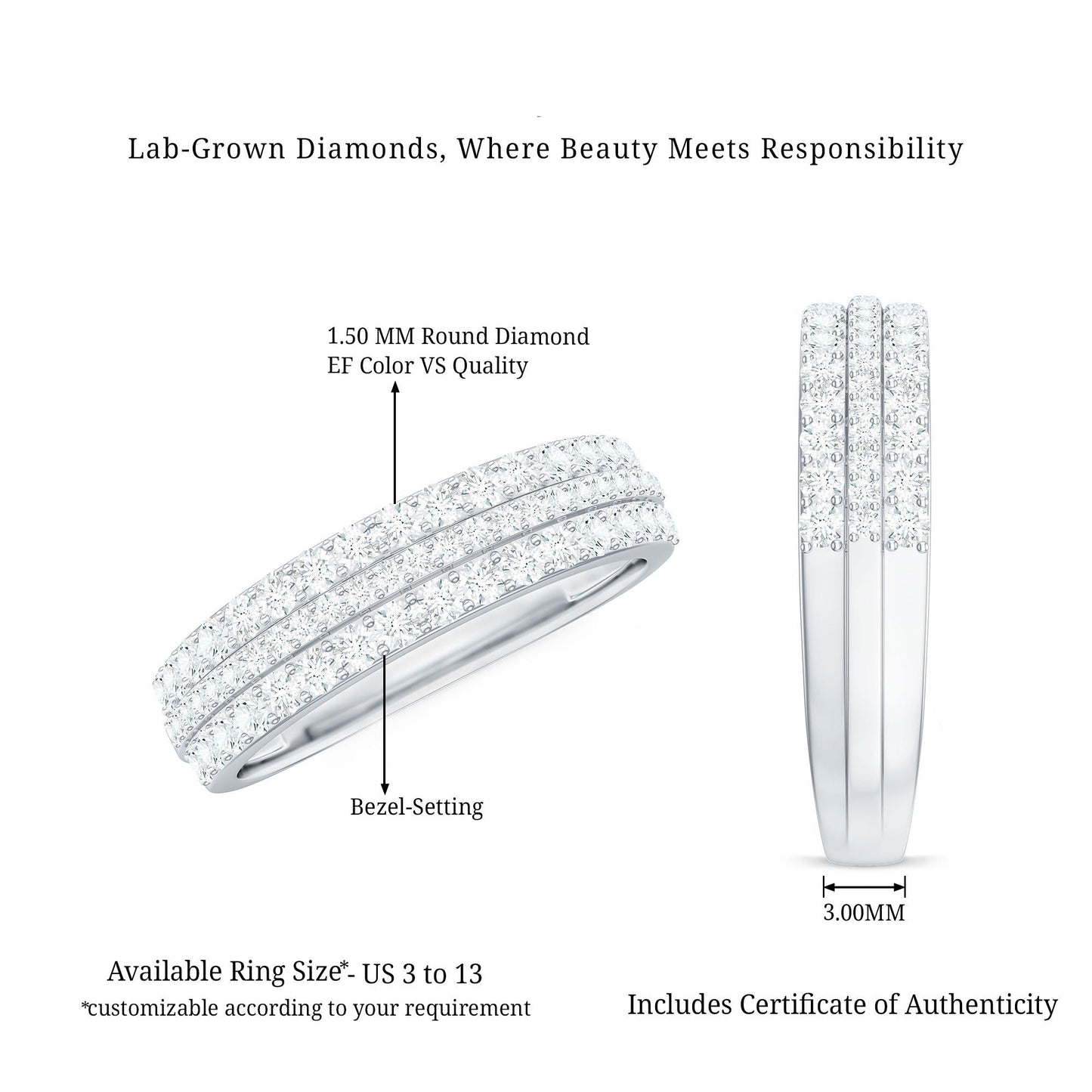 Certified Lab Grown Diamond 3 Row Wedding Band