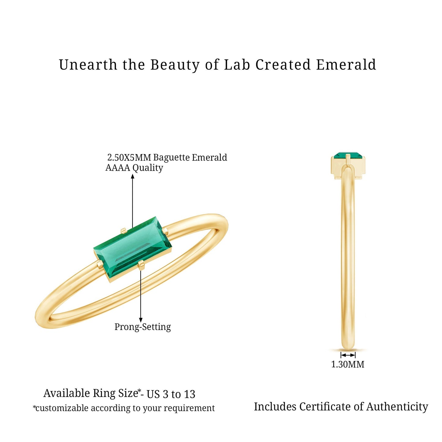 Baguette Cut Lab Emerald Solitaire Promise Ring in East West Style