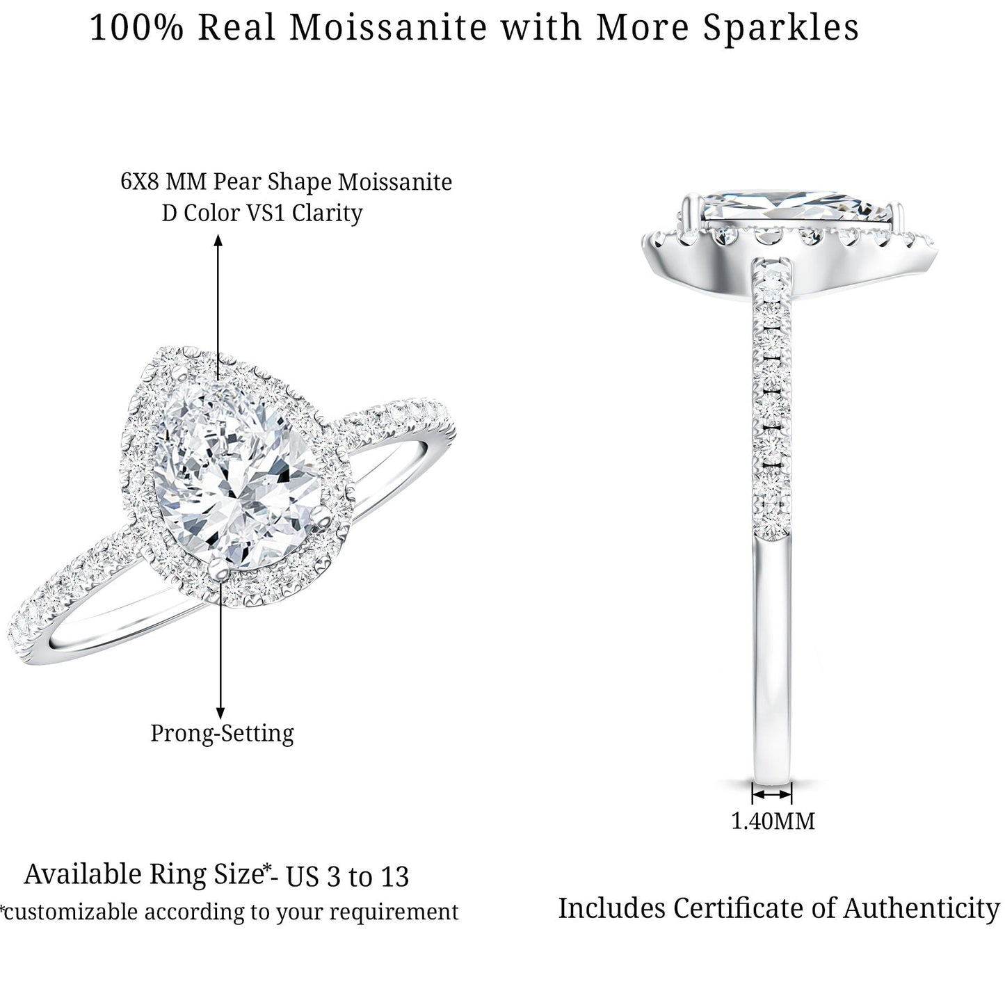 Pear Shape Moissanite Halo Engagement Ring for Women
