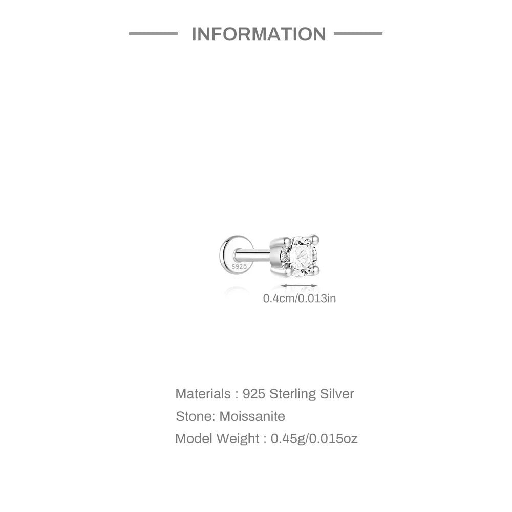 925 Sterling Silver Mini Moissanite Four-Claw Screw Stud Earrings For Women