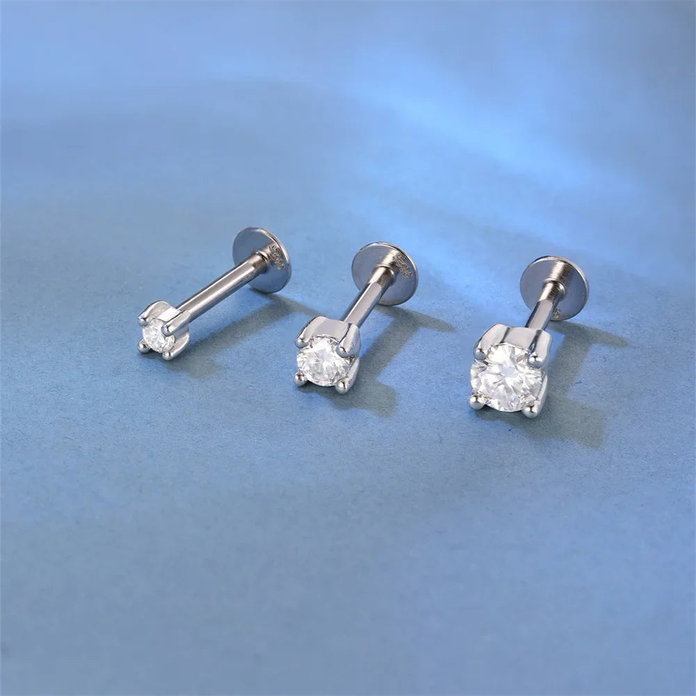 925 Sterling Silver Mini Moissanite Four-Claw Screw Stud Earrings For Women