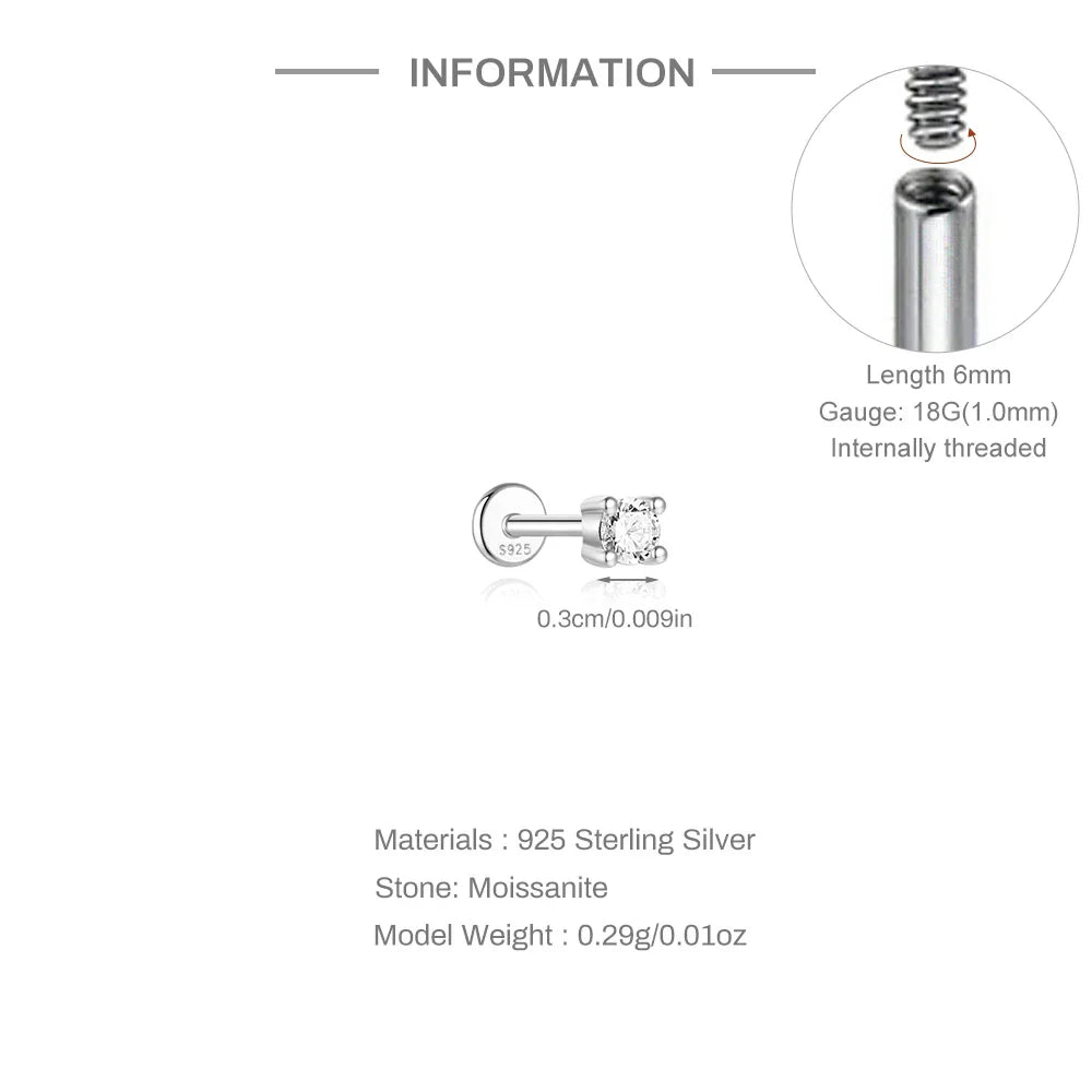 925 Sterling Silver Mini Moissanite Four-Claw Screw Stud Earrings For Women