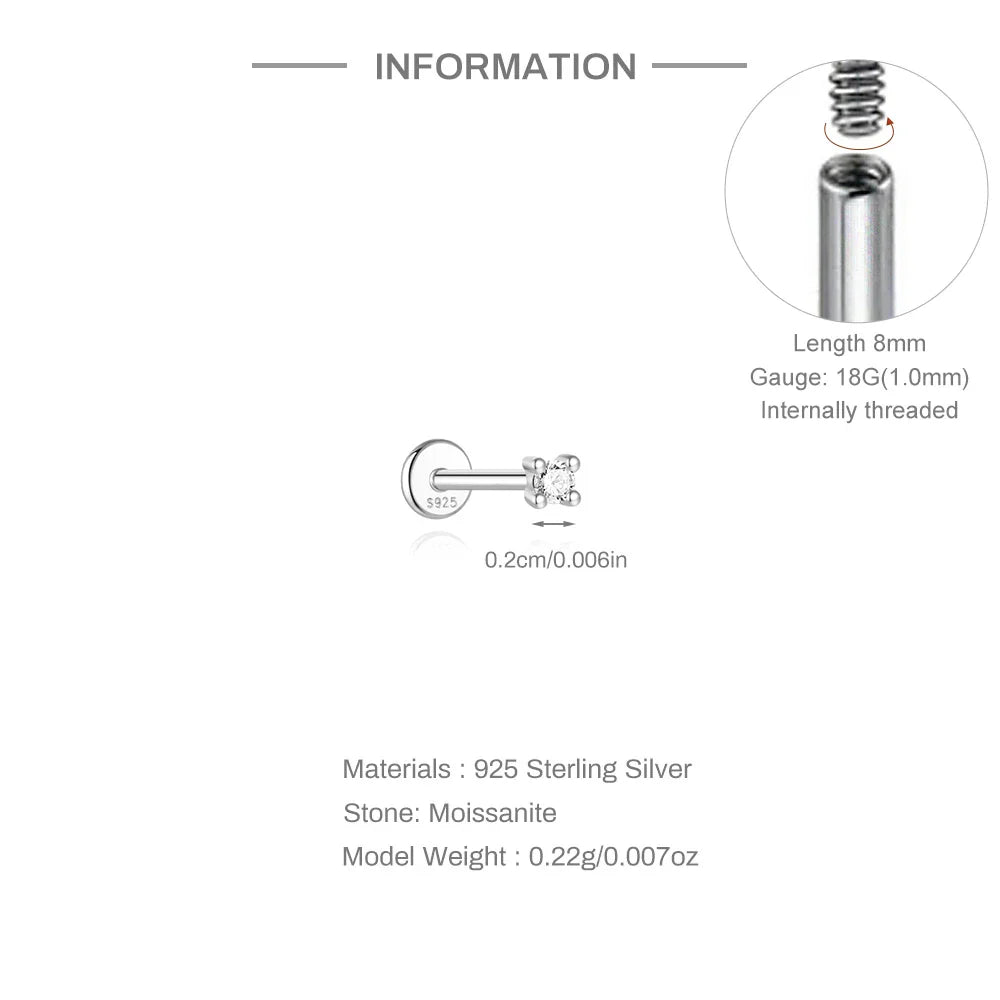 925 Sterling Silver Mini Moissanite Four-Claw Screw Stud Earrings For Women