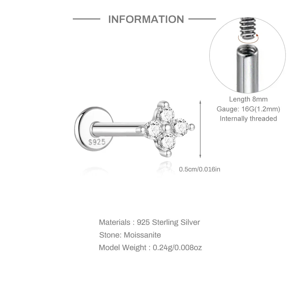 925 Sterling Silver Mini Moissanite Four-Claw Screw Stud Earrings For Women