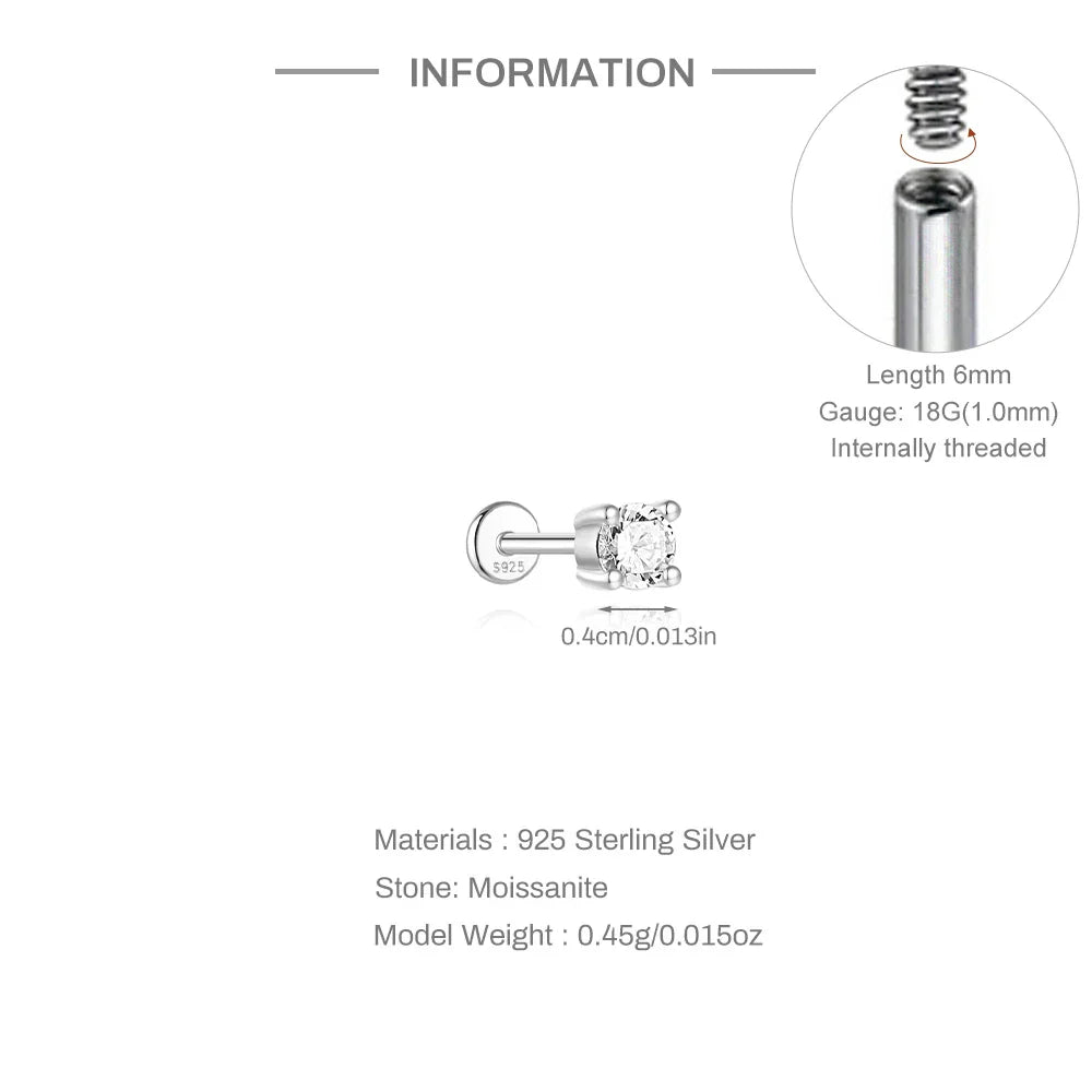 925 Sterling Silver Mini Moissanite Four-Claw Screw Stud Earrings For Women