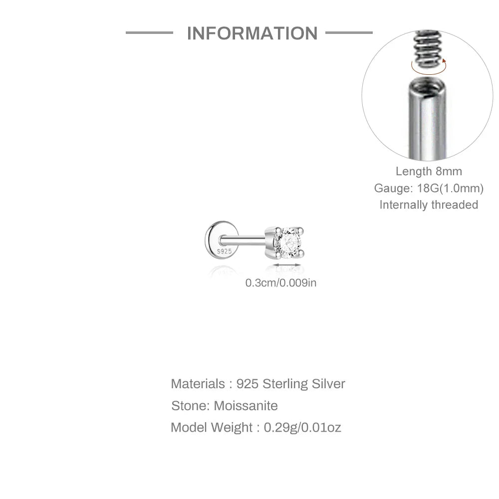 925 Sterling Silver Mini Moissanite Four-Claw Screw Stud Earrings For Women