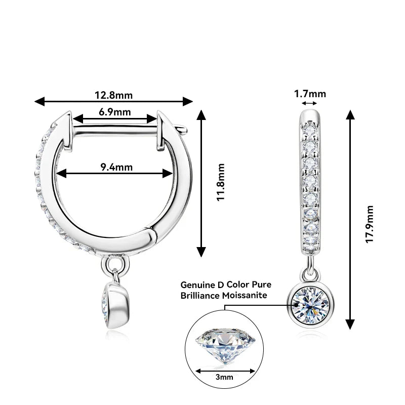 925 Sterling Silver Moissanite Huggie Hoop Earrings 3mm Bezel Set
