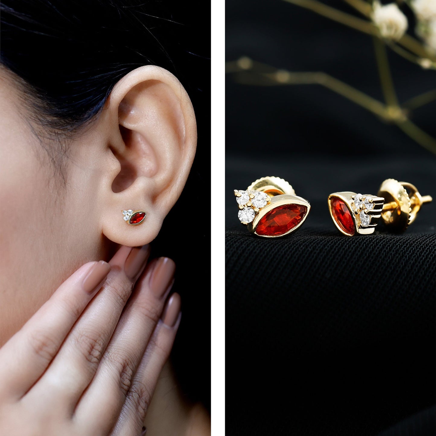 Real Half Carat Fire Opal Stud Earrings with Diamond