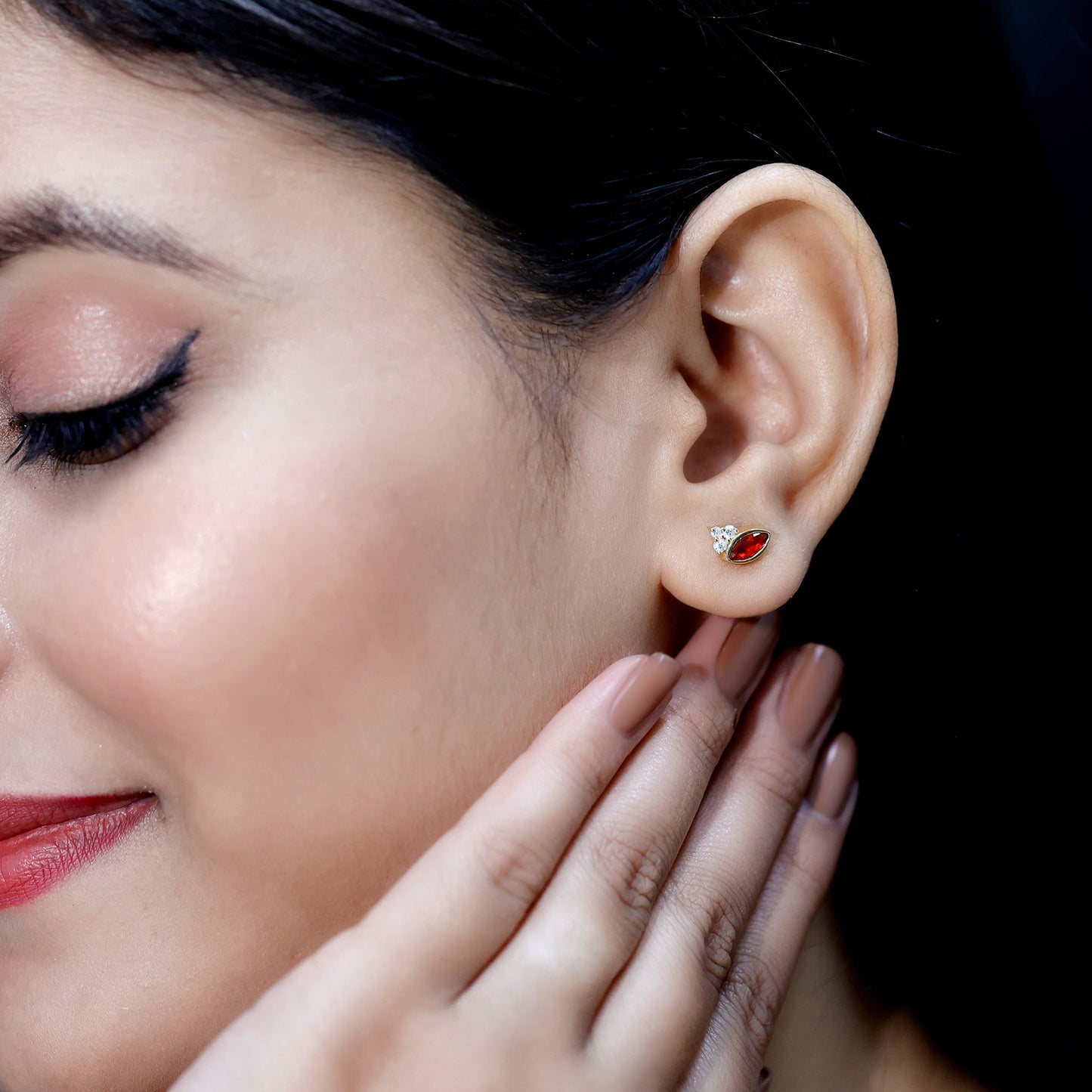 Real Half Carat Fire Opal Stud Earrings with Diamond