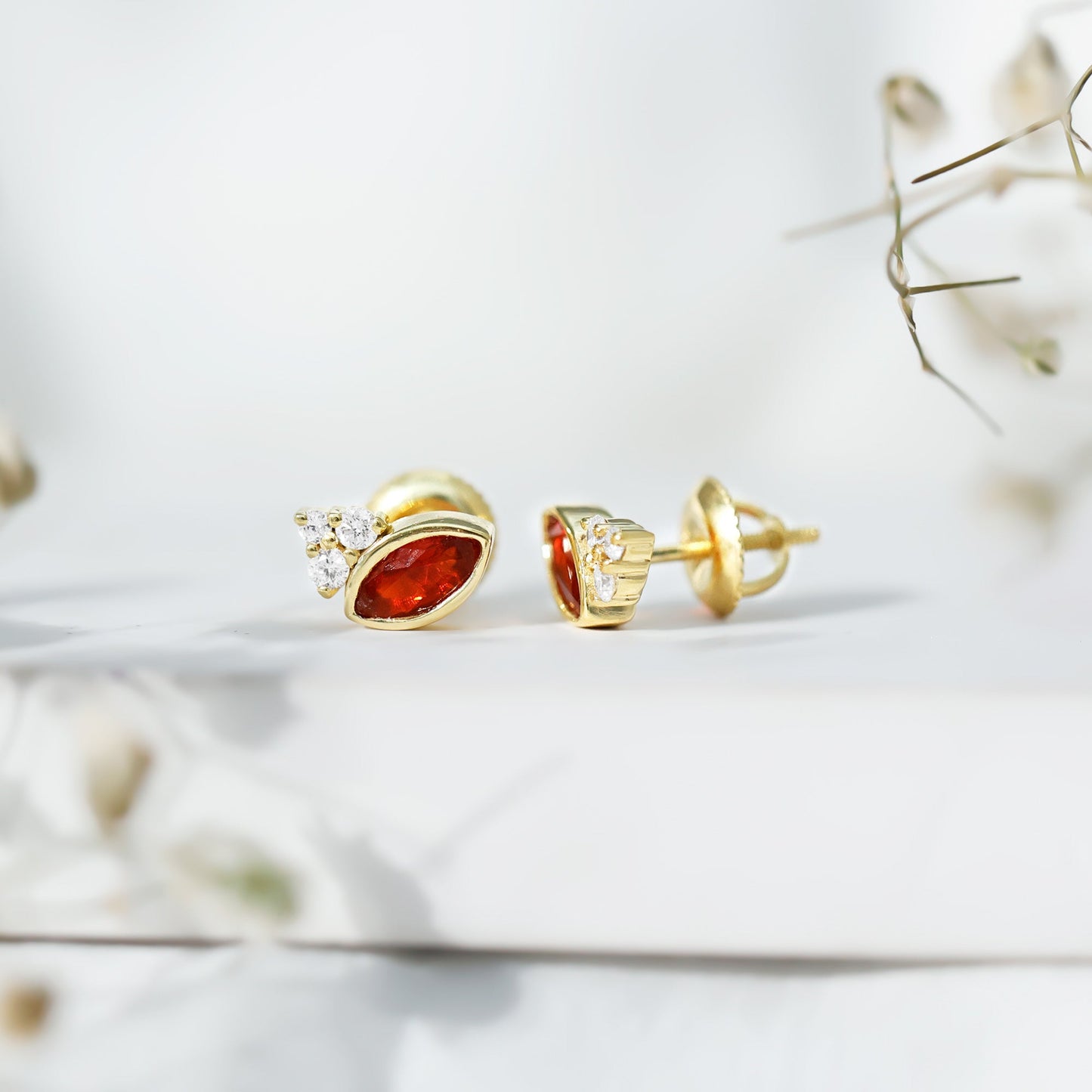 Real Half Carat Fire Opal Stud Earrings with Diamond
