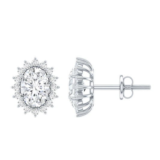 2 Carat Oval Moissanite Halo Stud Earrings In Sterling Silver