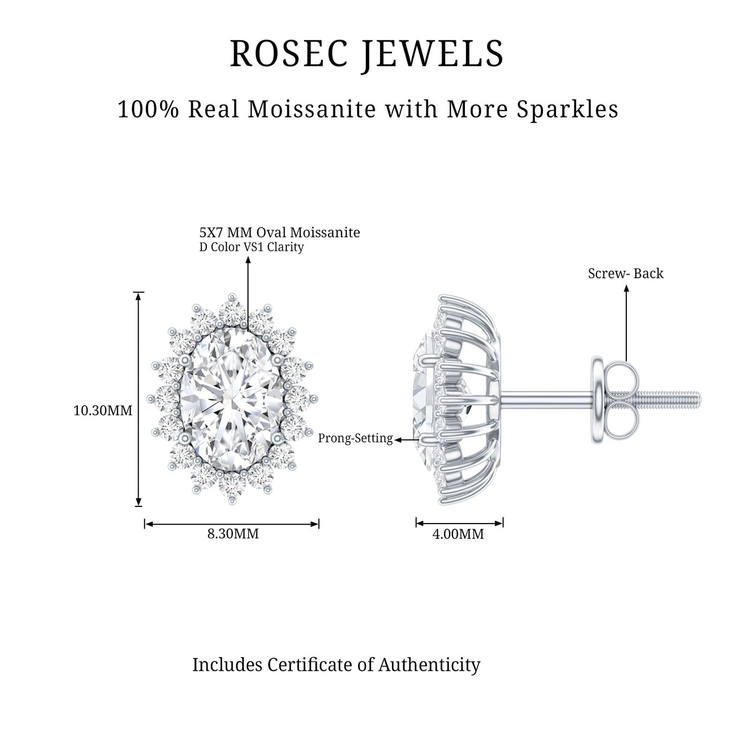 2 Carat Oval Moissanite Halo Stud Earrings In Sterling Silver