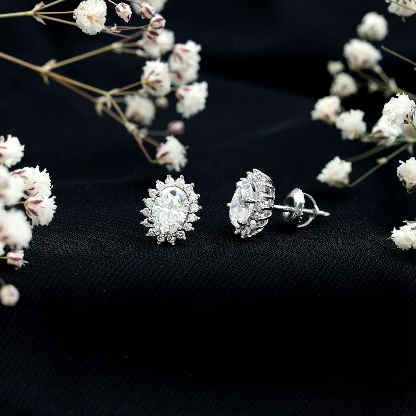 2 Carat Oval Moissanite Halo Stud Earrings In Sterling Silver