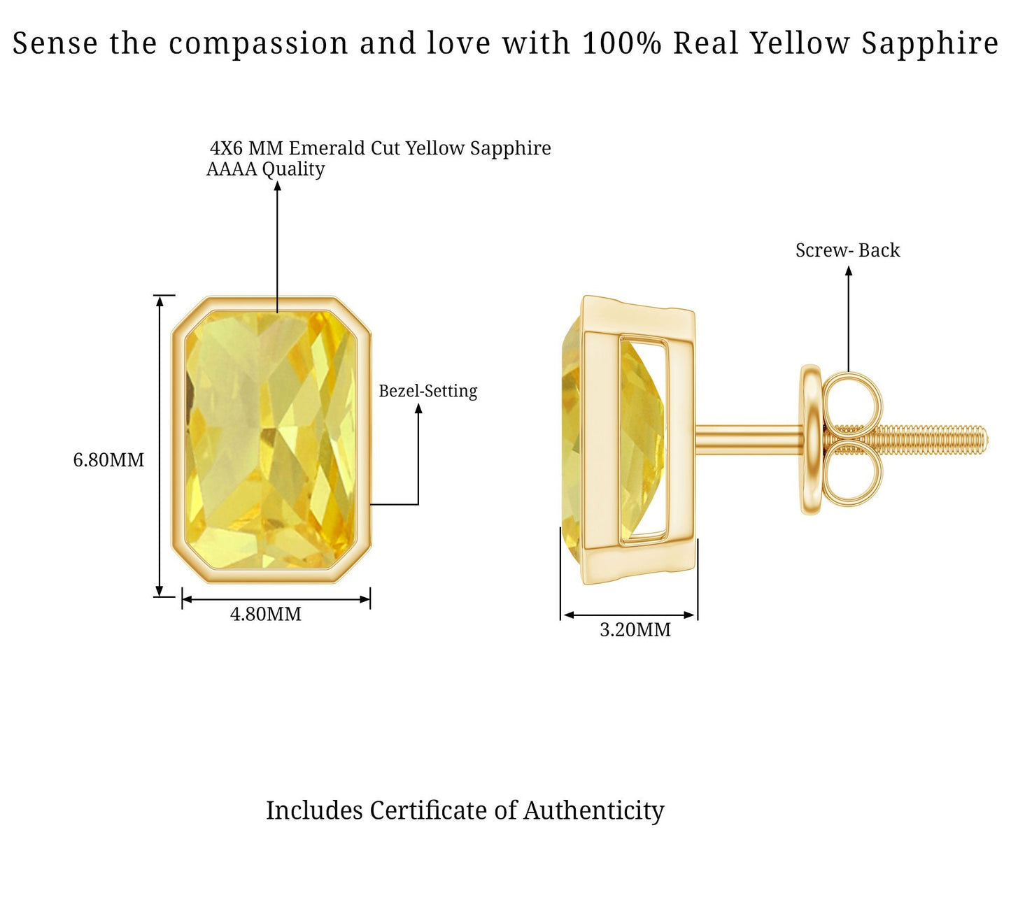 Certified 1.5 Carat Emerald Cut Lab Grown Yellow Sapphire Stud Earrings