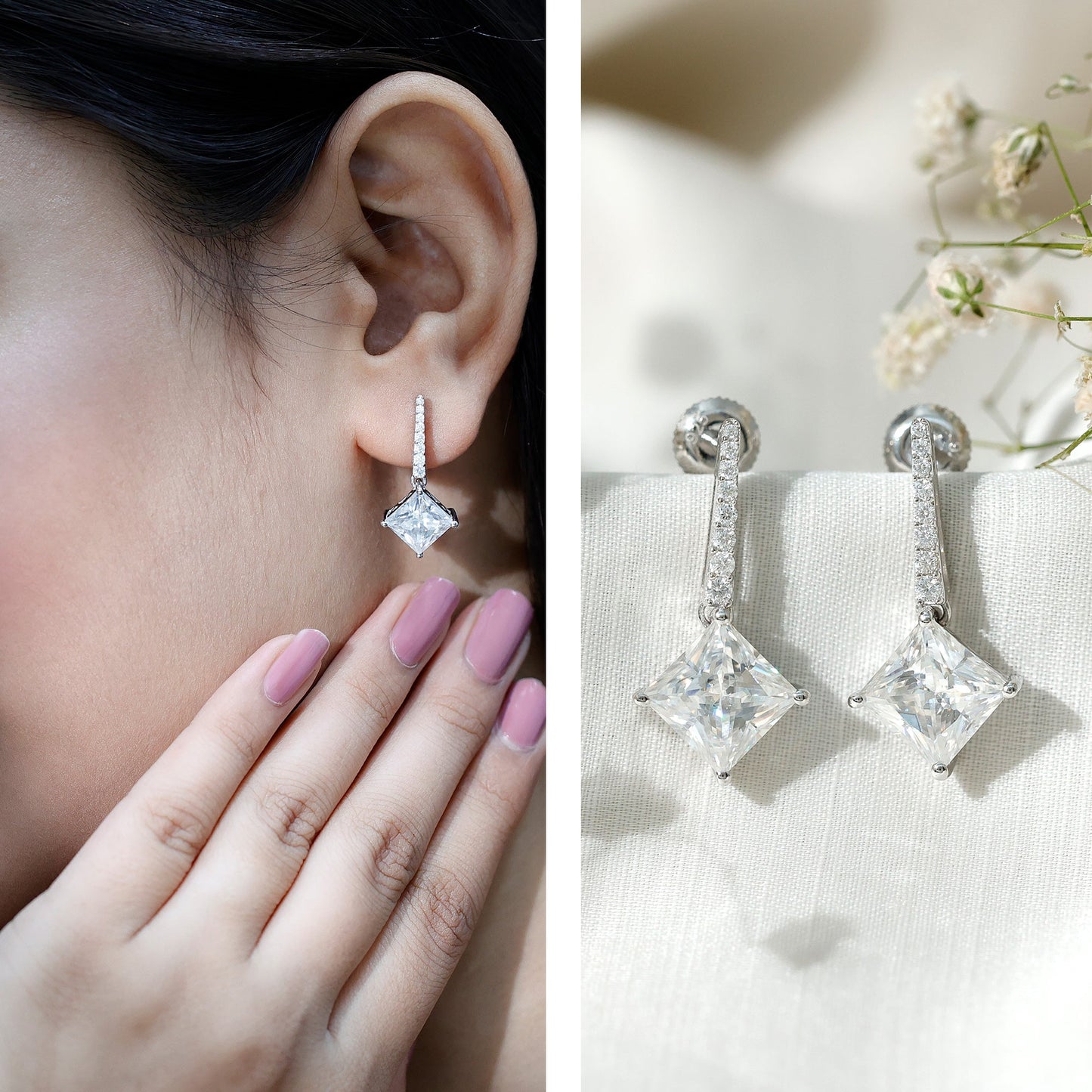 Certified 6 Carat Princess Cut Moissanite Drop Earrings in Silver