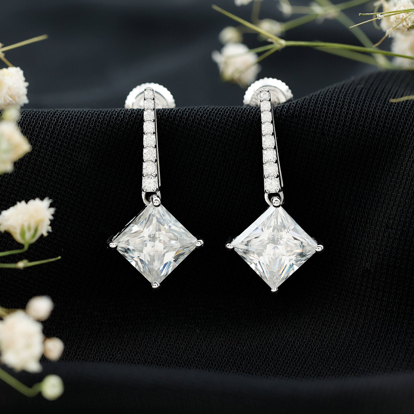 Certified 6 Carat Princess Cut Moissanite Drop Earrings in Silver