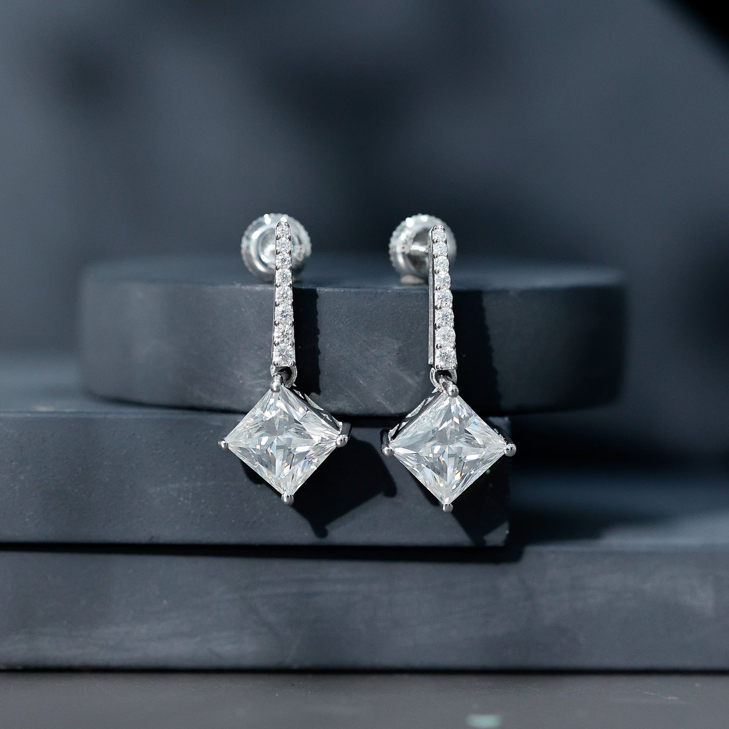 Certified 6 Carat Princess Cut Moissanite Drop Earrings in Silver