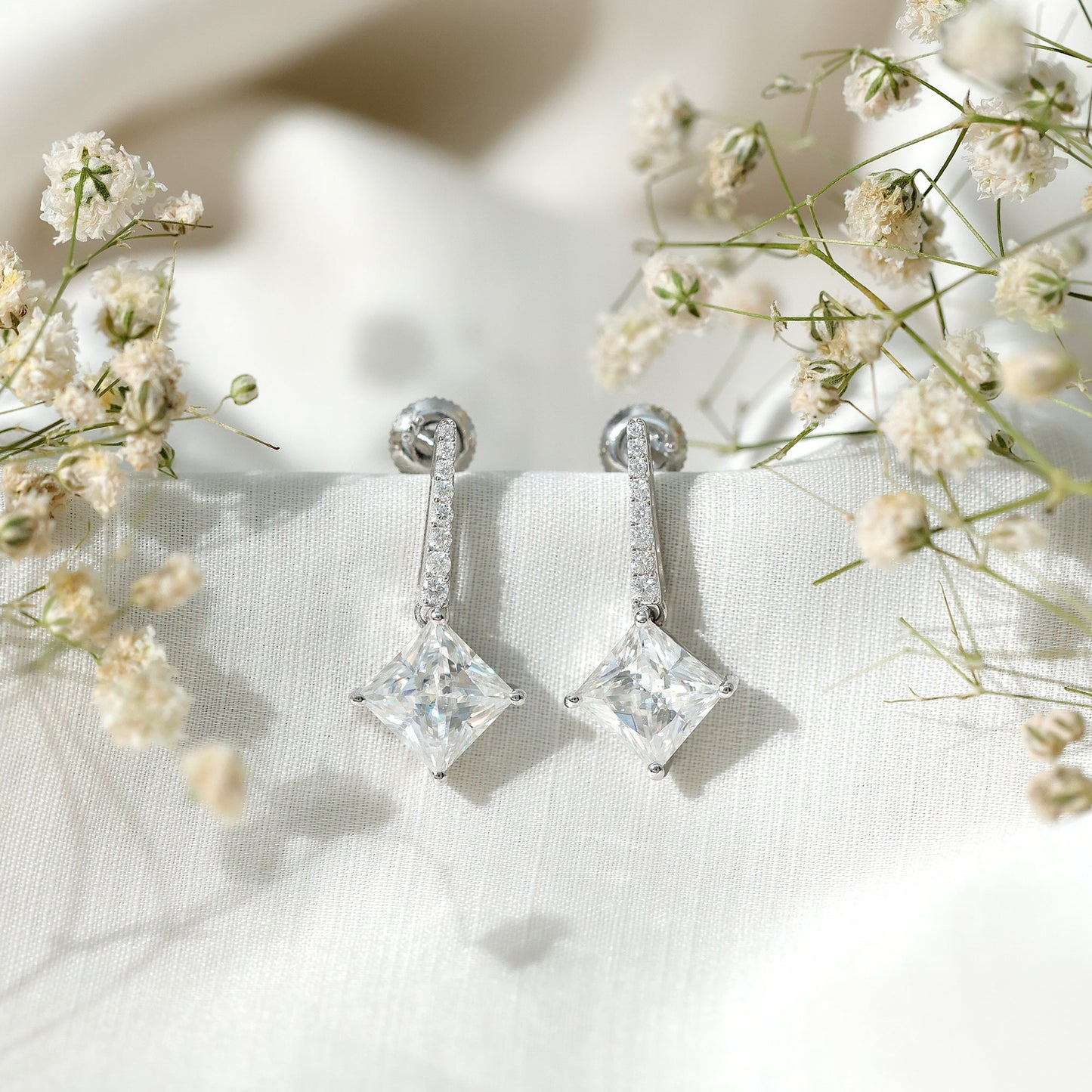 Certified 6 Carat Princess Cut Moissanite Drop Earrings in Silver
