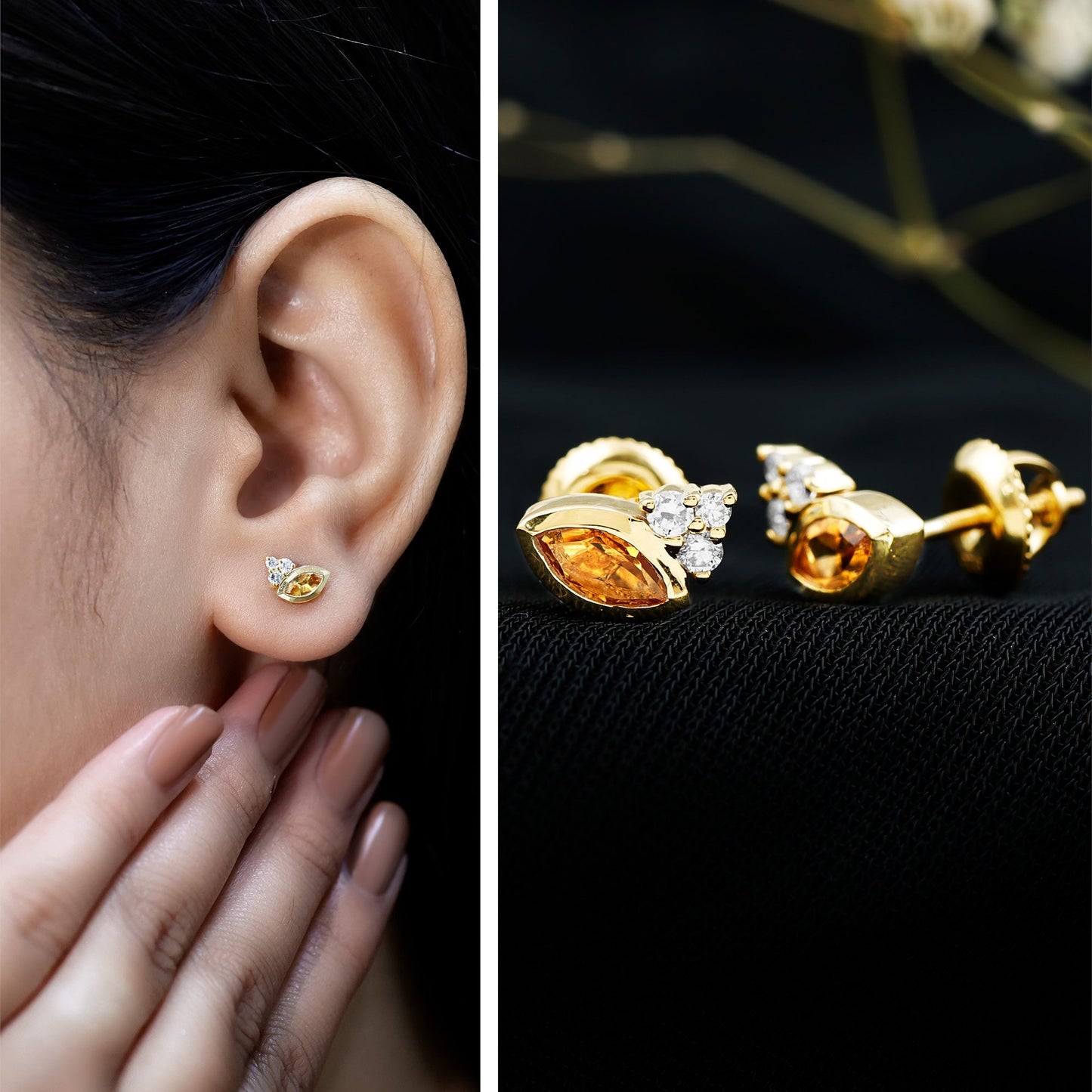 Bezel Set Citrine Marquise Stud Earrings with Diamonds