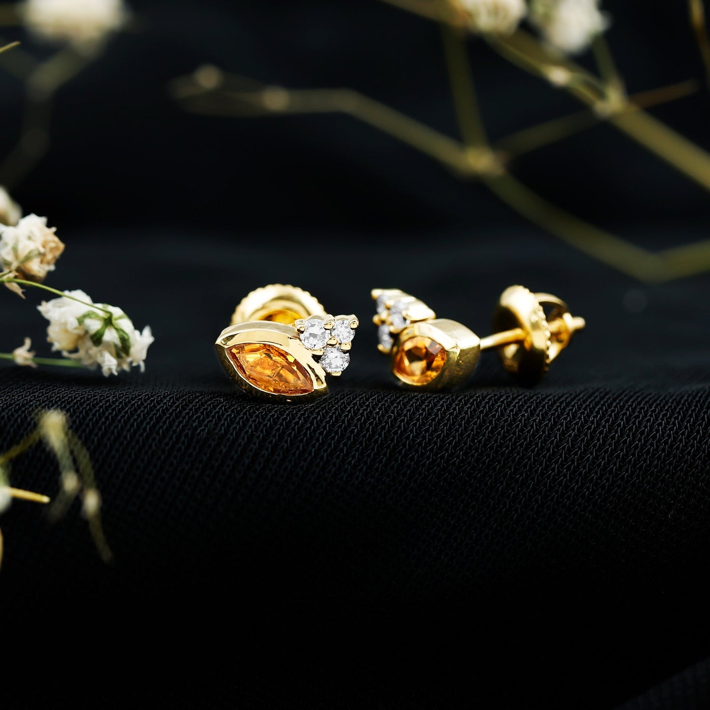 Bezel Set Citrine Marquise Stud Earrings with Diamonds