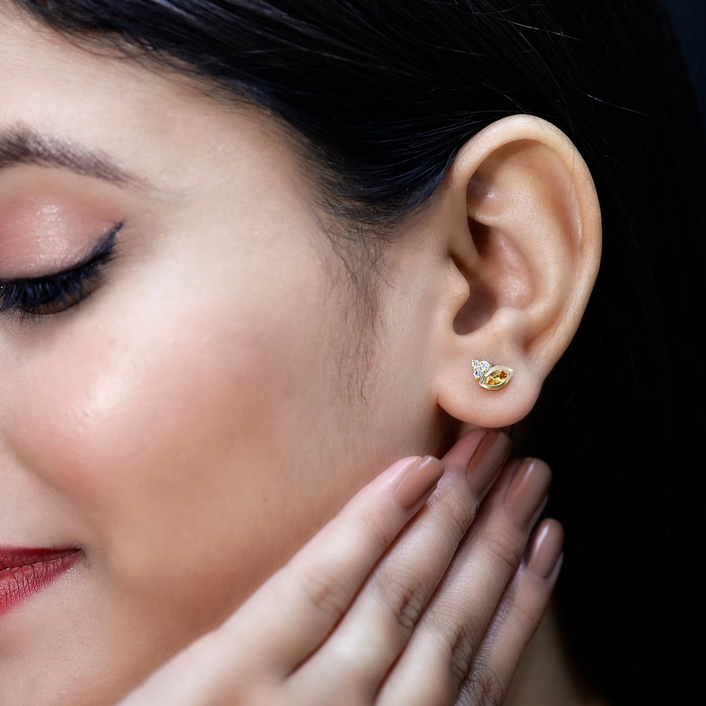 Bezel Set Citrine Marquise Stud Earrings with Diamonds