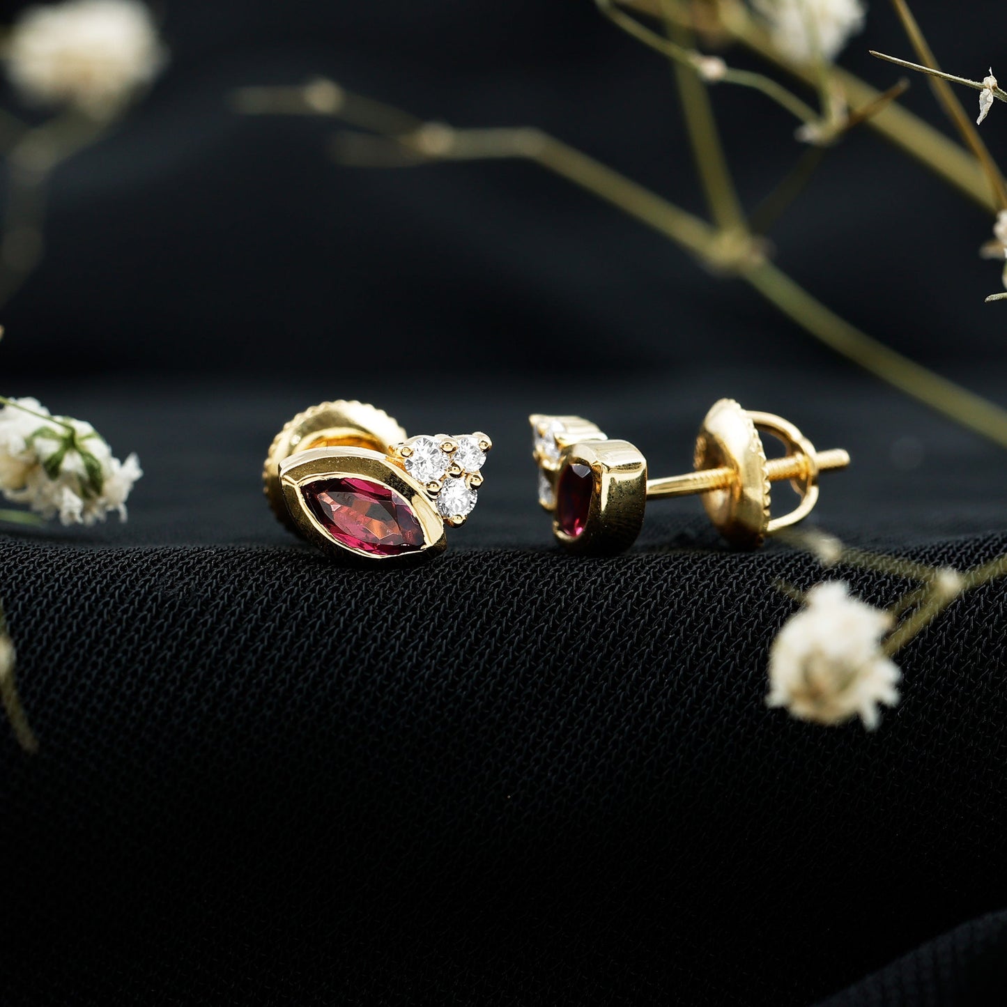 Bezel Set Rhodolite Garnet Stud Earrings with Diamonds