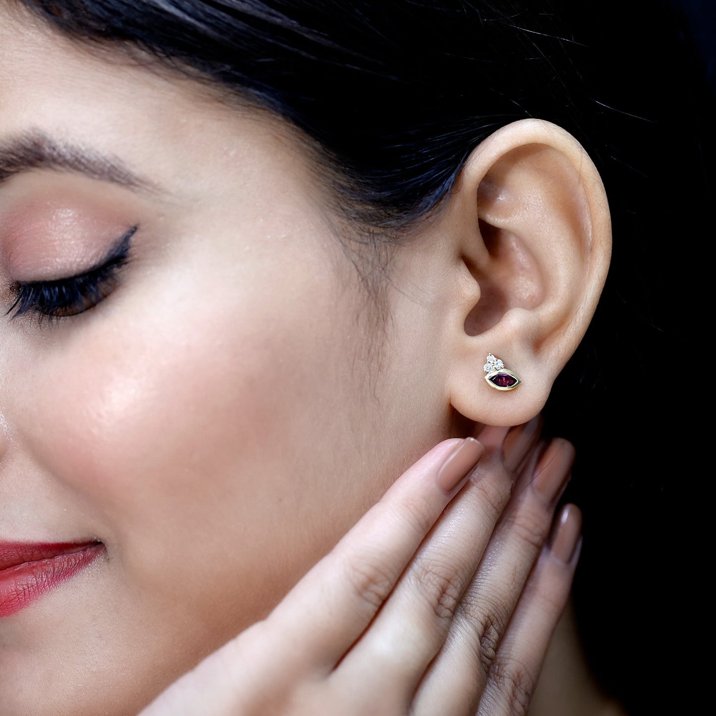 Bezel Set Rhodolite Garnet Stud Earrings with Diamonds