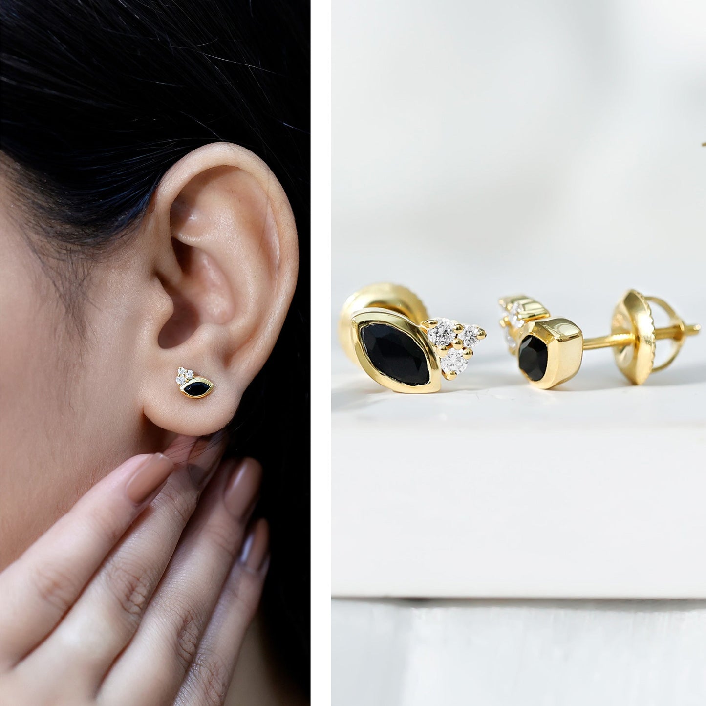 Natural Black Onyx Stud Earrings with Diamond Trio