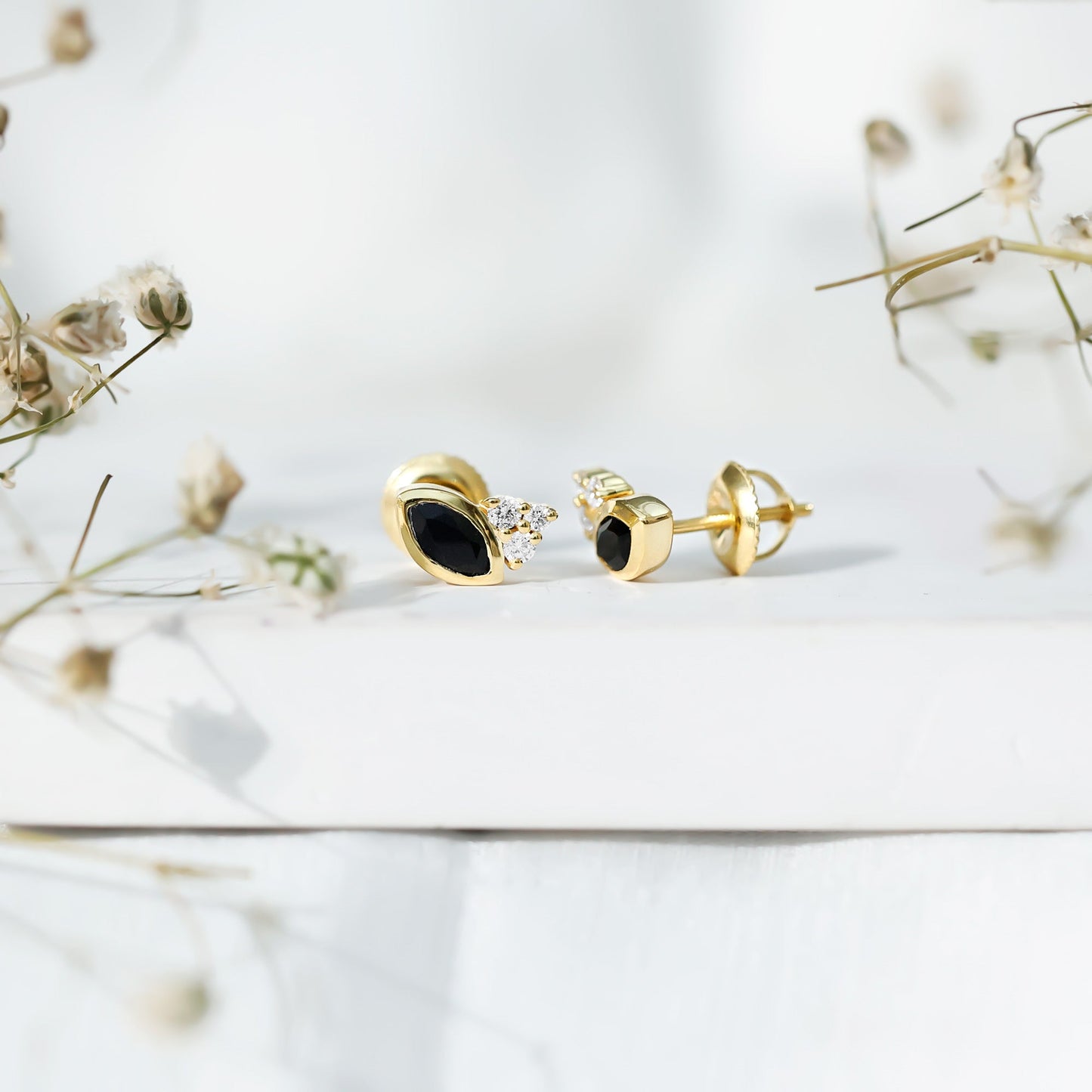 Natural Black Onyx Stud Earrings with Diamond Trio