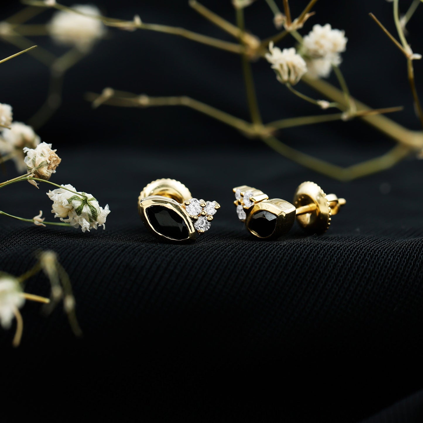 Natural Black Onyx Stud Earrings with Diamond Trio