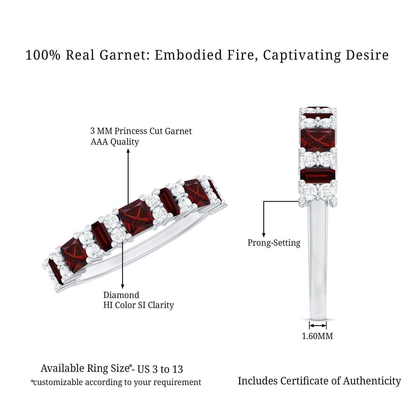 Natural Red Garnet Half Eternity Ring with Diamond