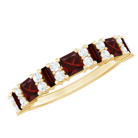 Natural Red Garnet Half Eternity Ring with Diamond