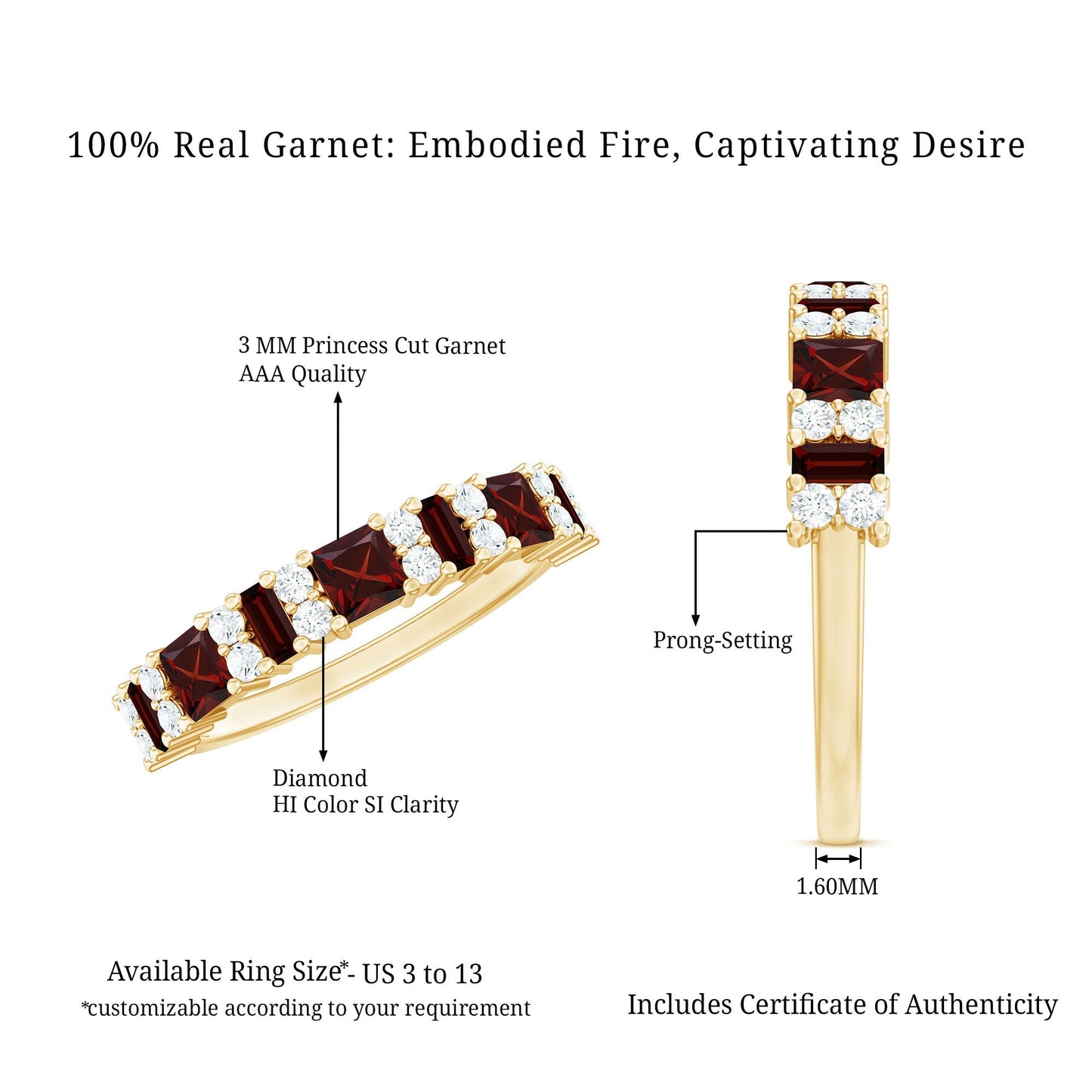 Natural Red Garnet Half Eternity Ring with Diamond