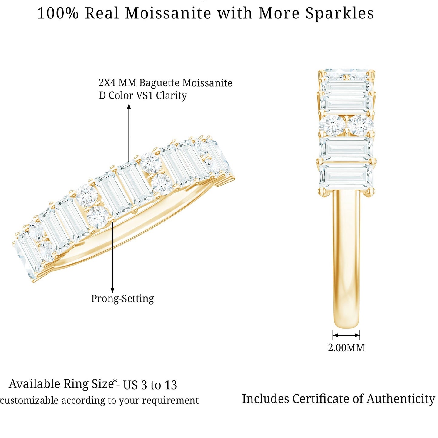 Baguette and Round Moissanite Half Eternity Band Ring
