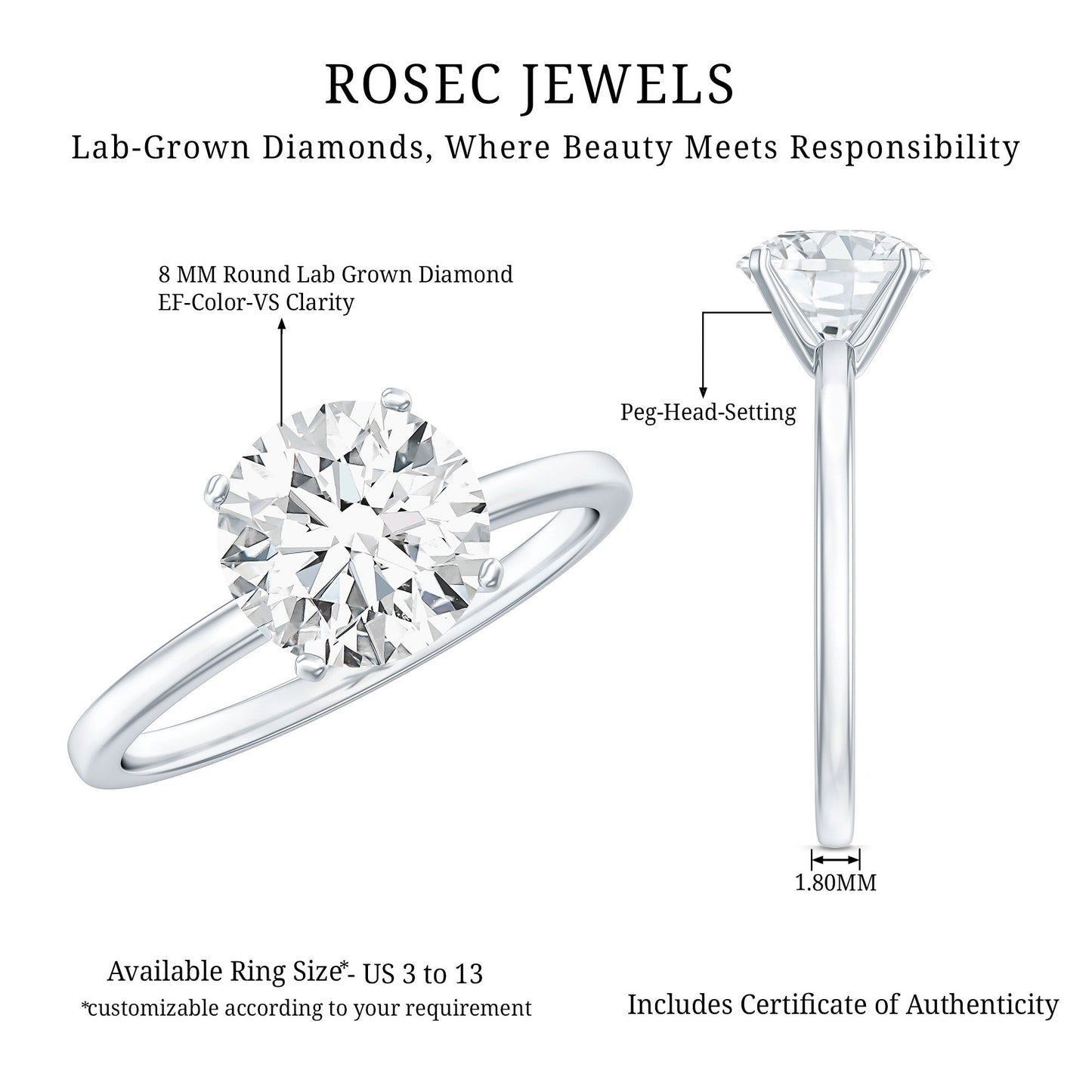 2 Carat Lab Grown Diamond Classic Engagement Ring in Silver