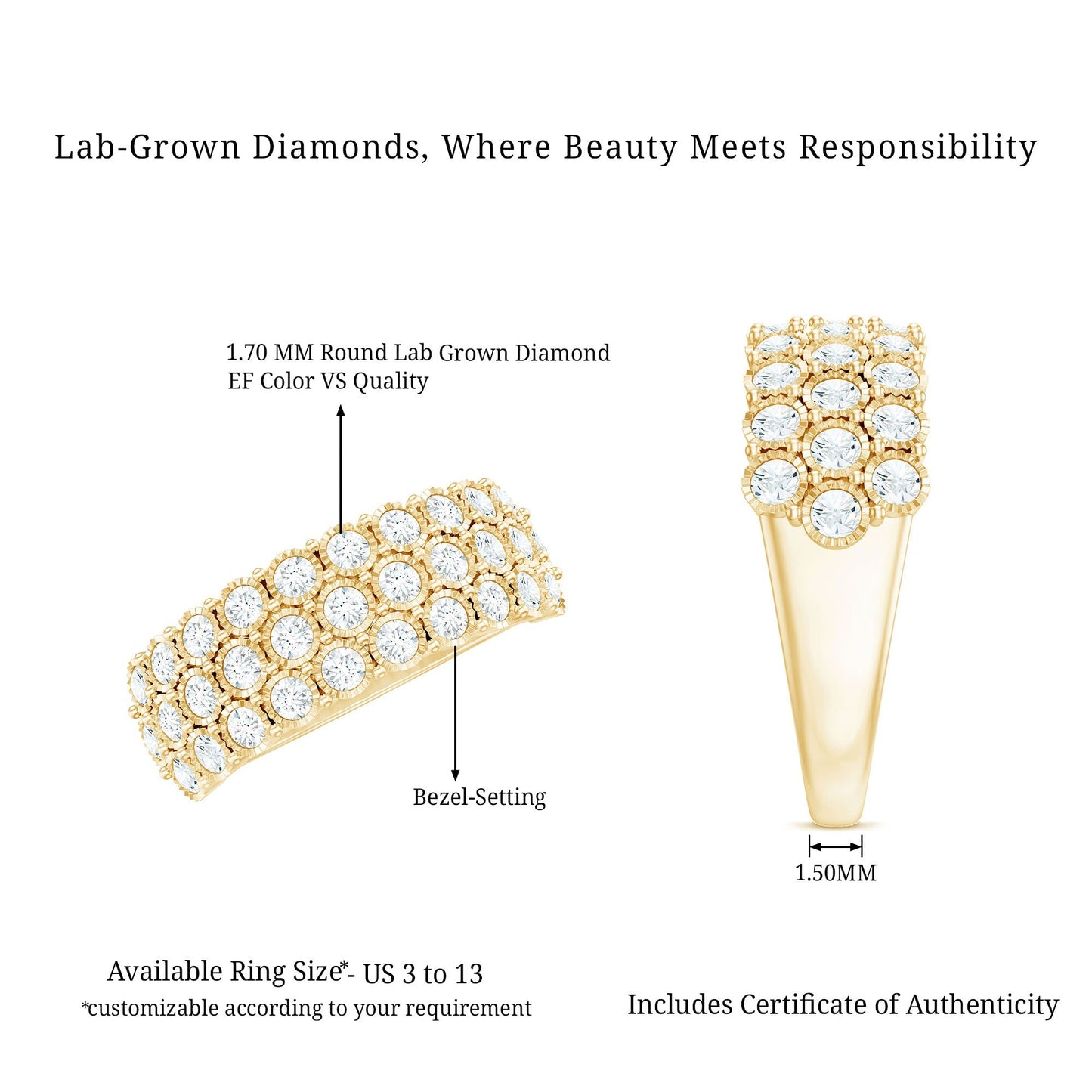 3 Row Lab Grown Diamond Wide Wedding Band with Certificate