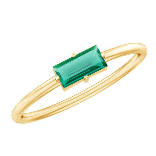 Baguette Cut Lab Emerald Solitaire Promise Ring in East West Style