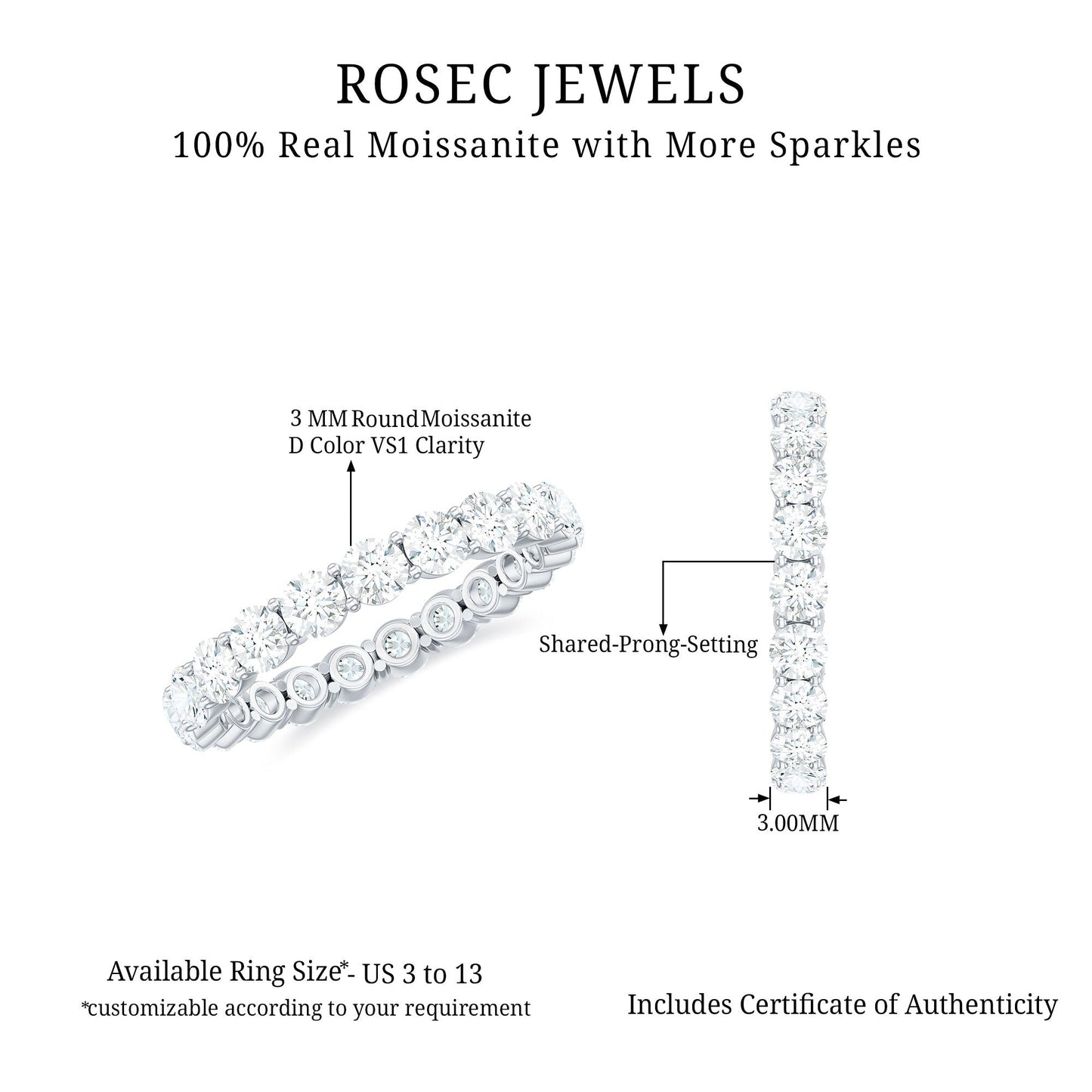 Round Cut Moissanite Simple Eternity Band Ring in Prong Setting