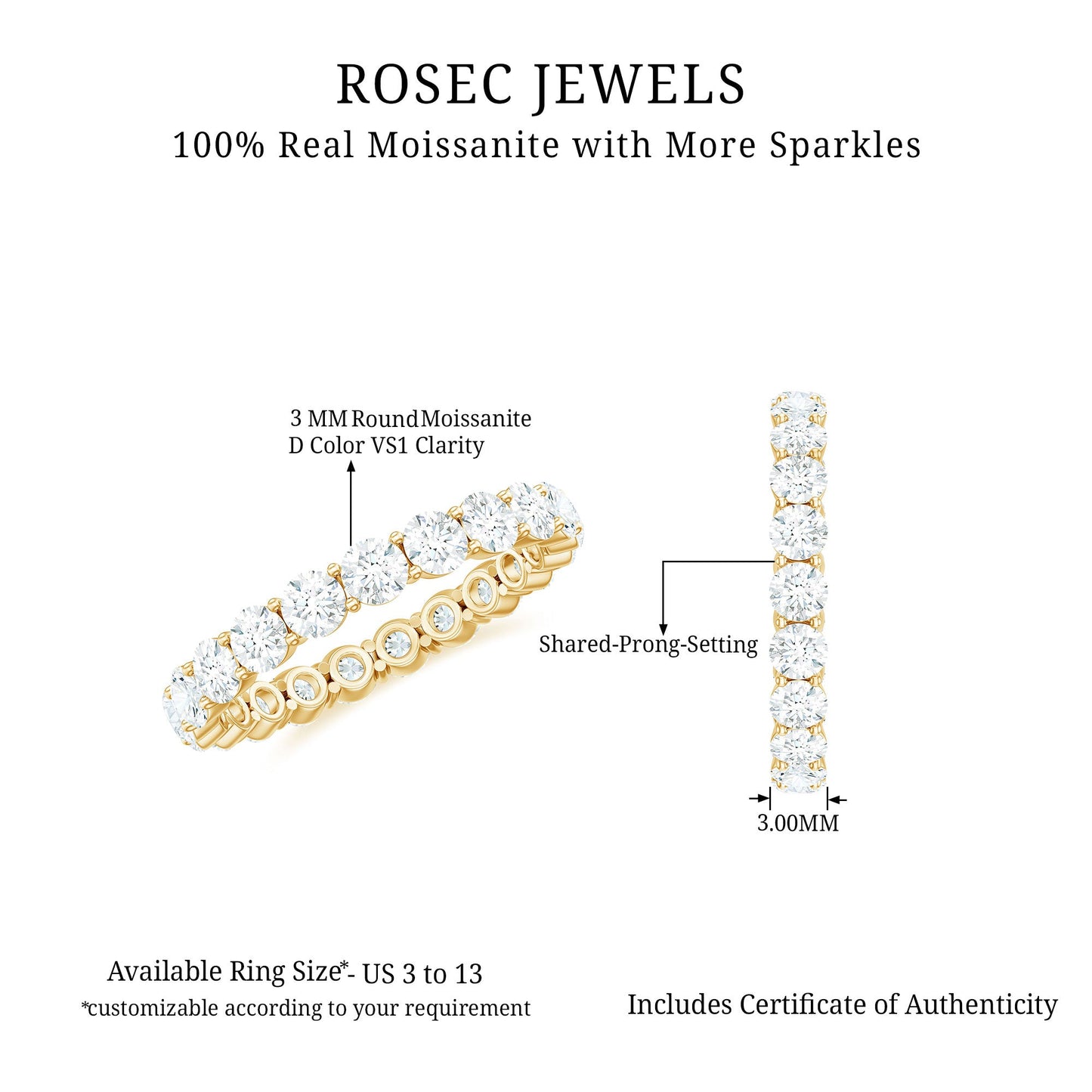 Round Cut Moissanite Simple Eternity Band Ring in Prong Setting