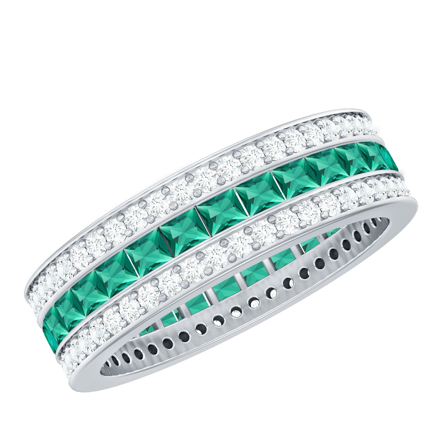 Certified Lab Grown Emerald 3 Row Eternity Wedding Band