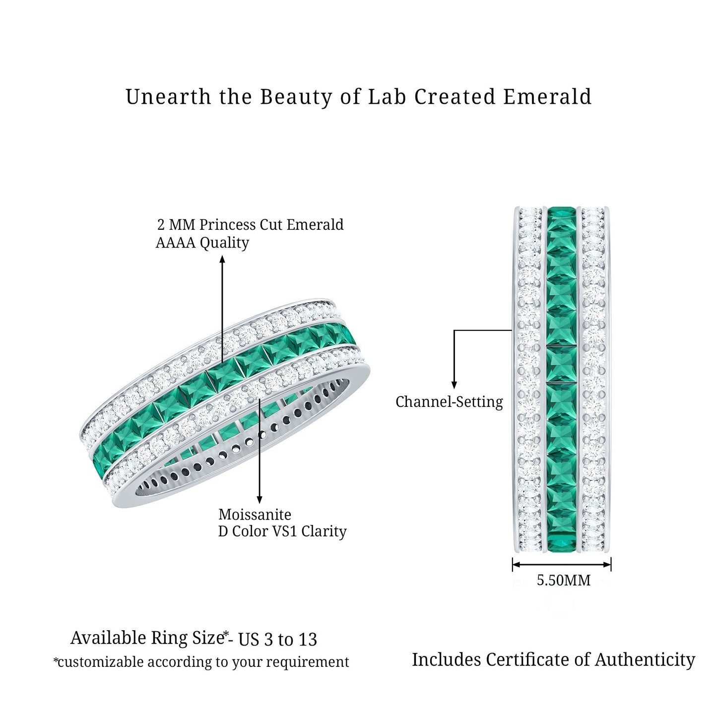 Certified Lab Grown Emerald 3 Row Eternity Wedding Band