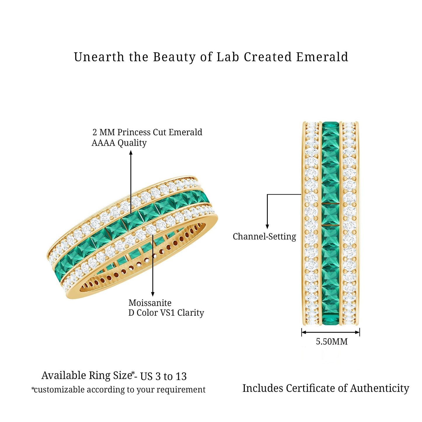 Certified Lab Grown Emerald 3 Row Eternity Wedding Band